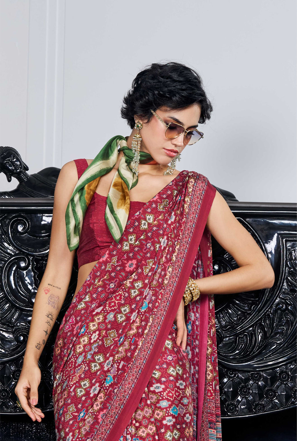 Flow Ethnic Motif Brick Red Saree