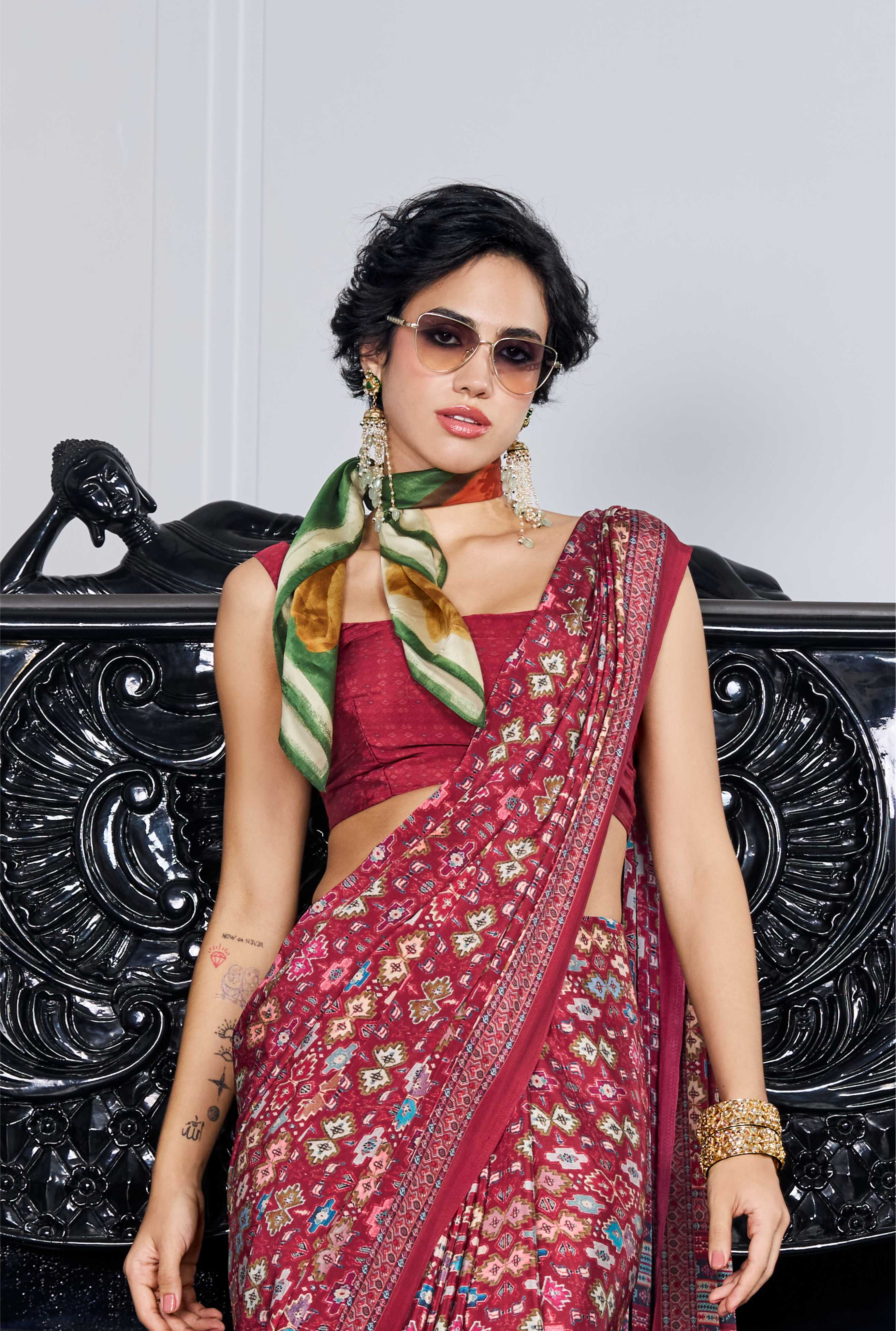 Flow Ethnic Motif Brick Red Saree