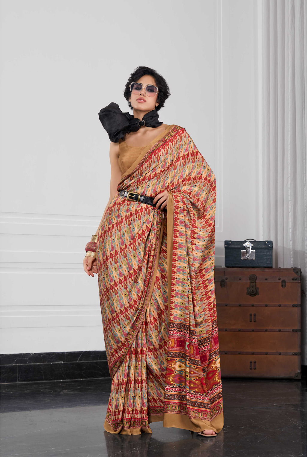 Flow Ethnic Motif Golden Beige Saree