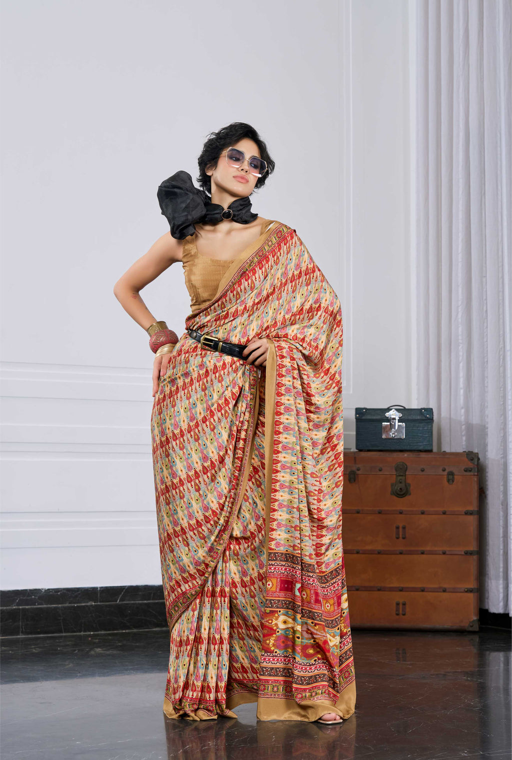 Flow Ethnic Motif Golden Beige Saree
