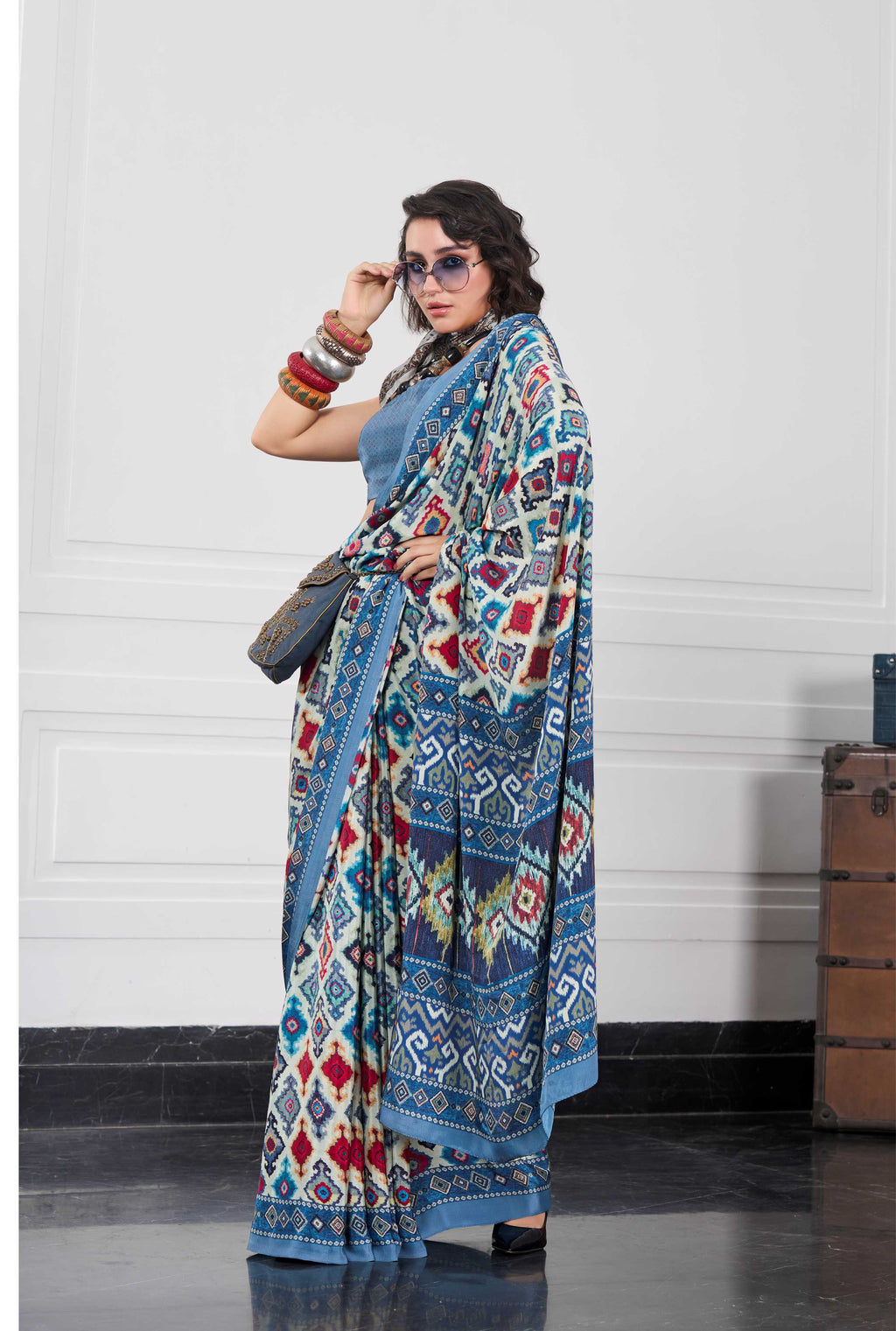 Flow Ethnic Motif Peacock Blue Saree