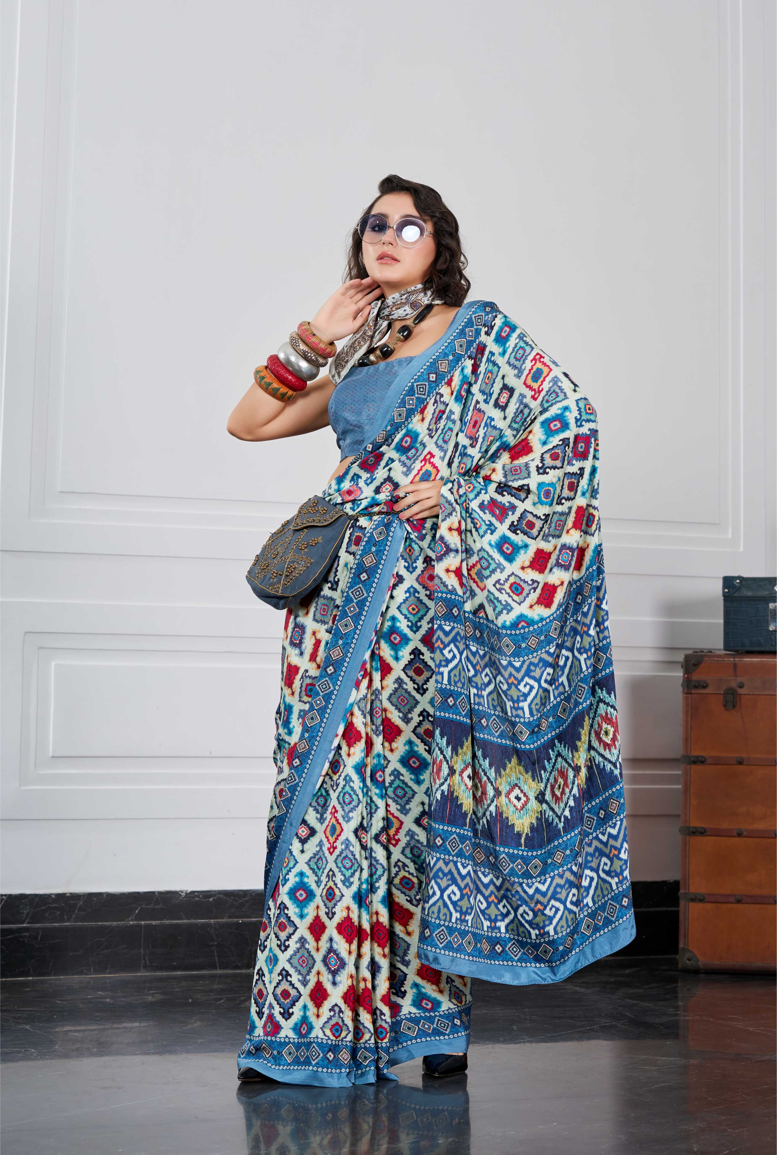 Flow Ethnic Motif Peacock Blue Saree