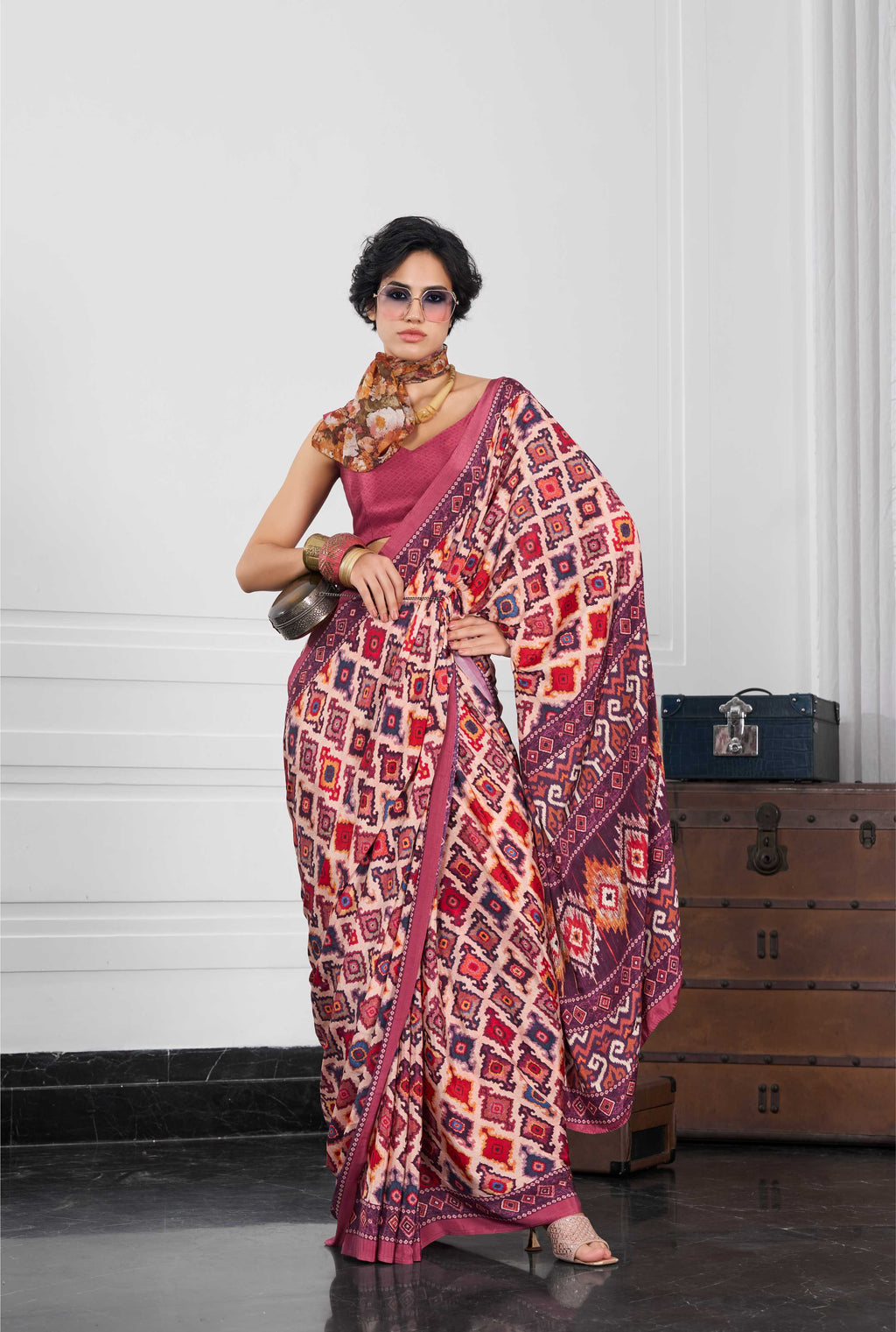 Crepe Ethnic Motif Rose Pink Saree