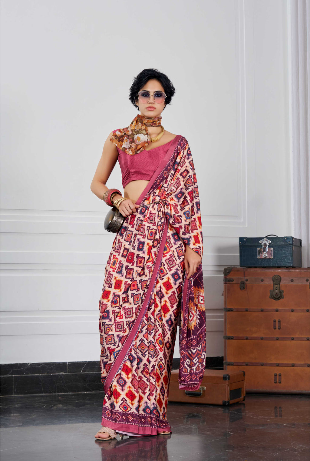 Crepe Ethnic Motif Rose Pink Saree