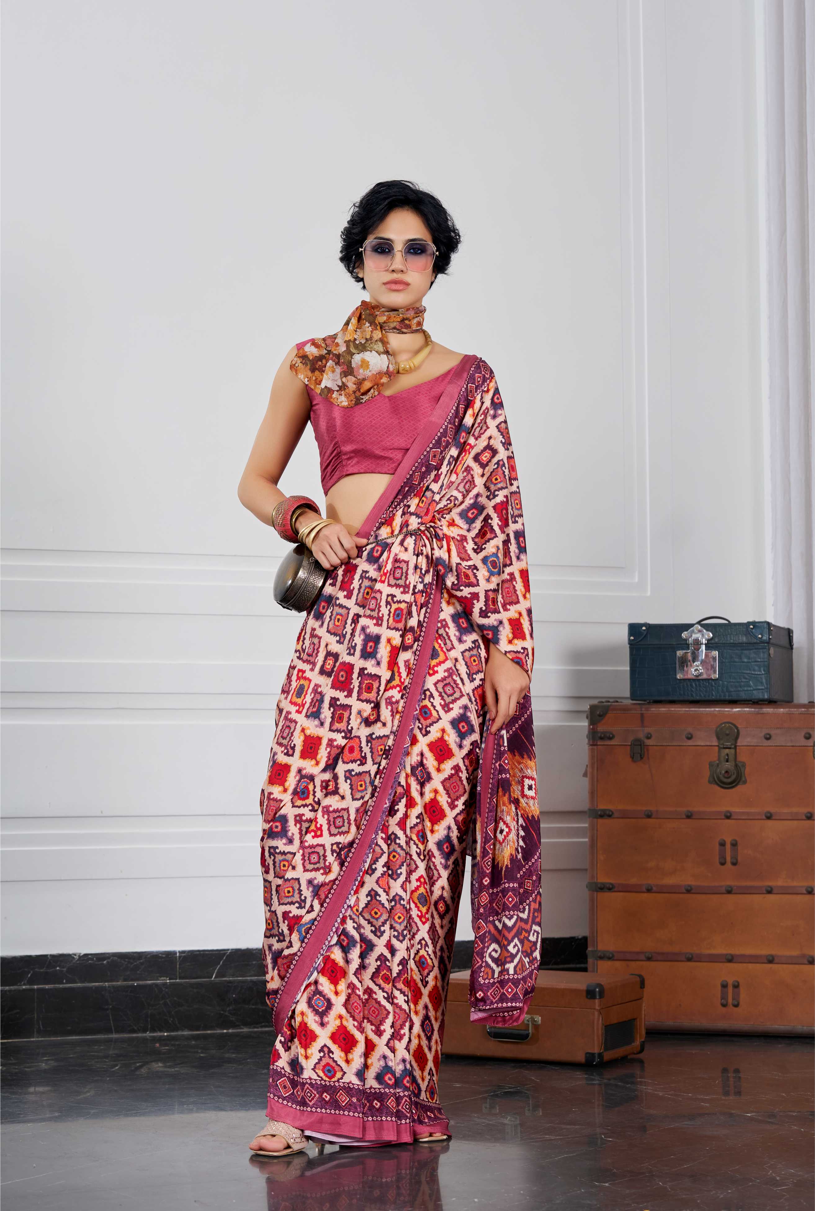 Flow Ethnic Motif Rose Pink Saree