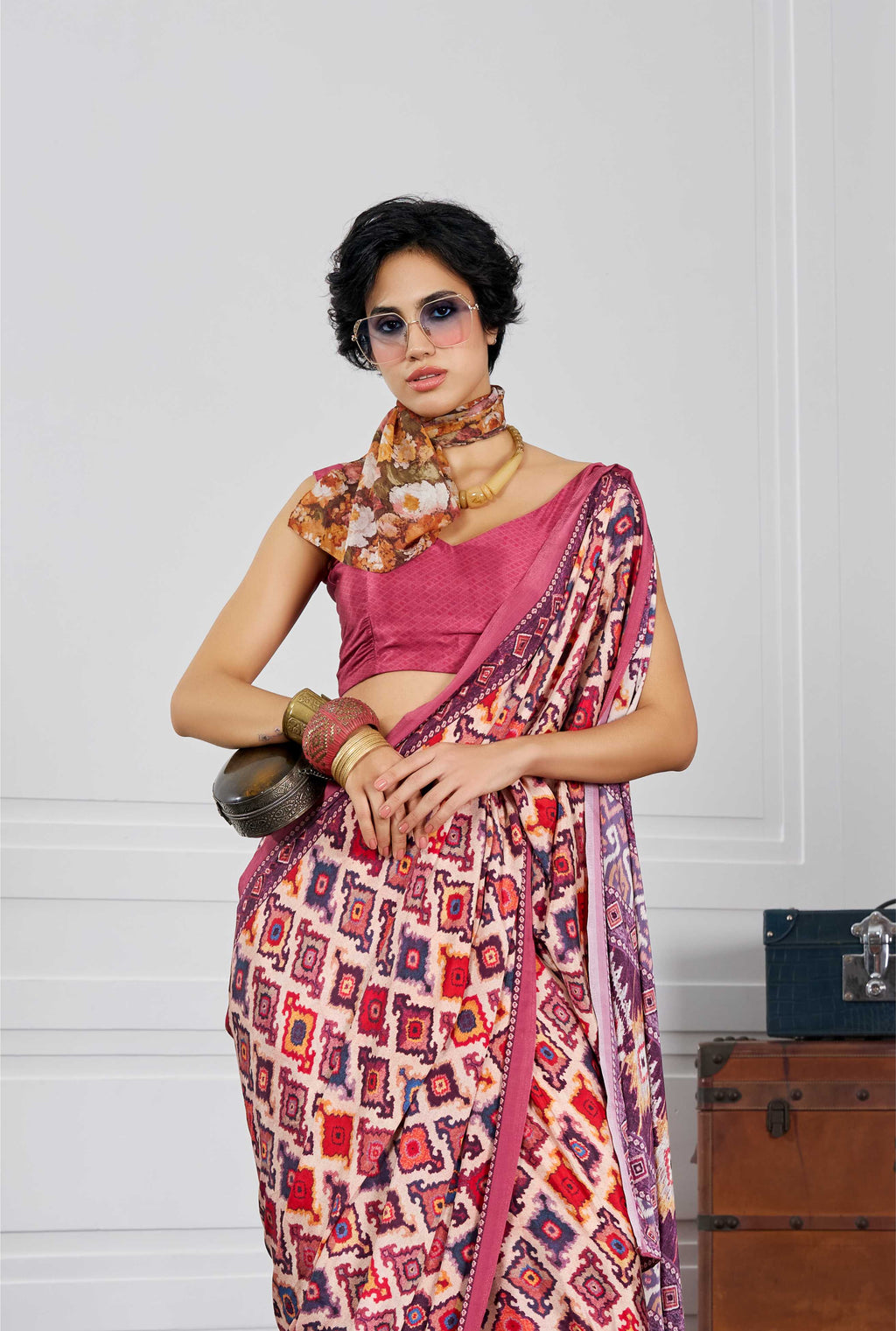 Crepe Ethnic Motif Rose Pink Saree
