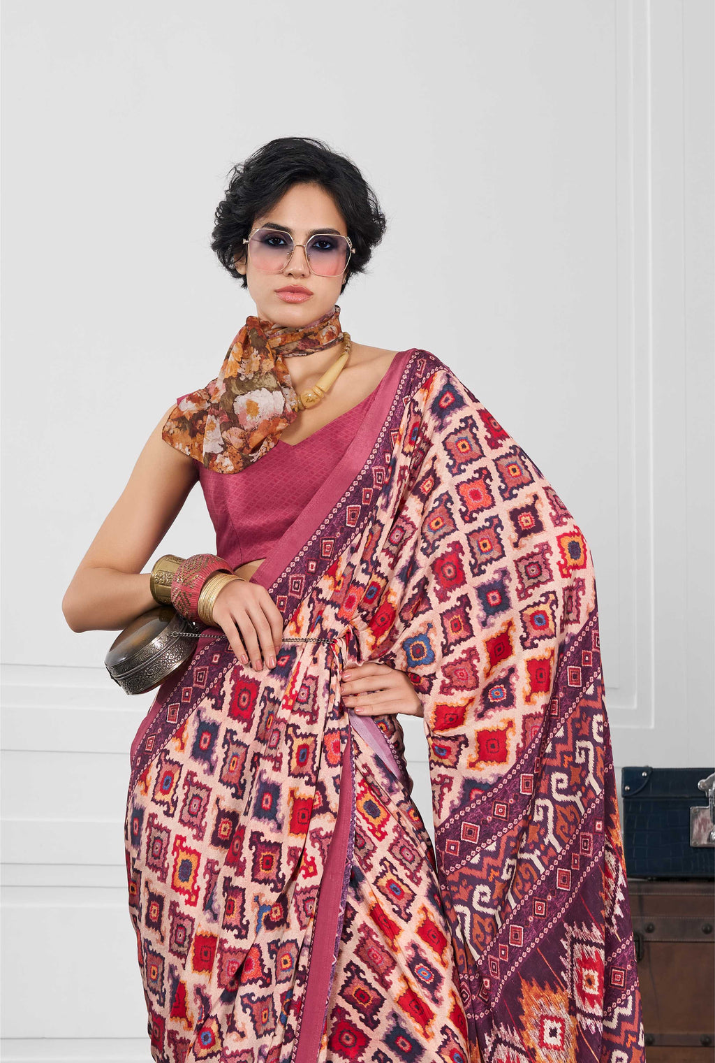 Crepe Ethnic Motif Rose Pink Saree