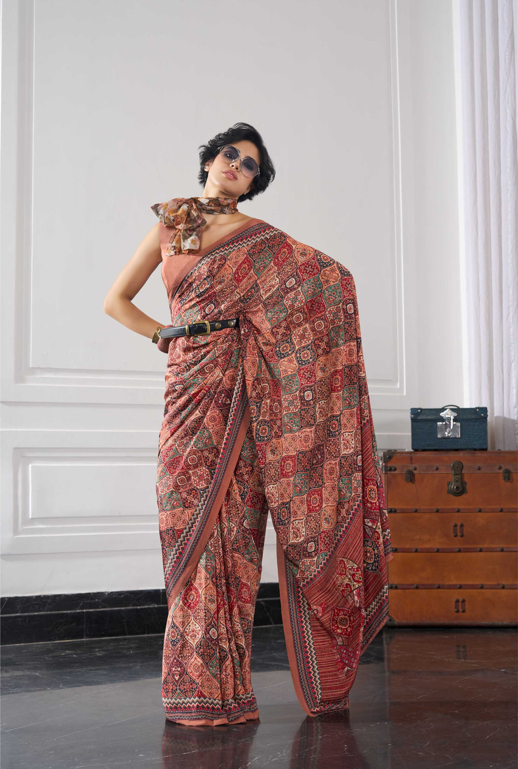Crepe Ethnic Motif Rust Brown Saree