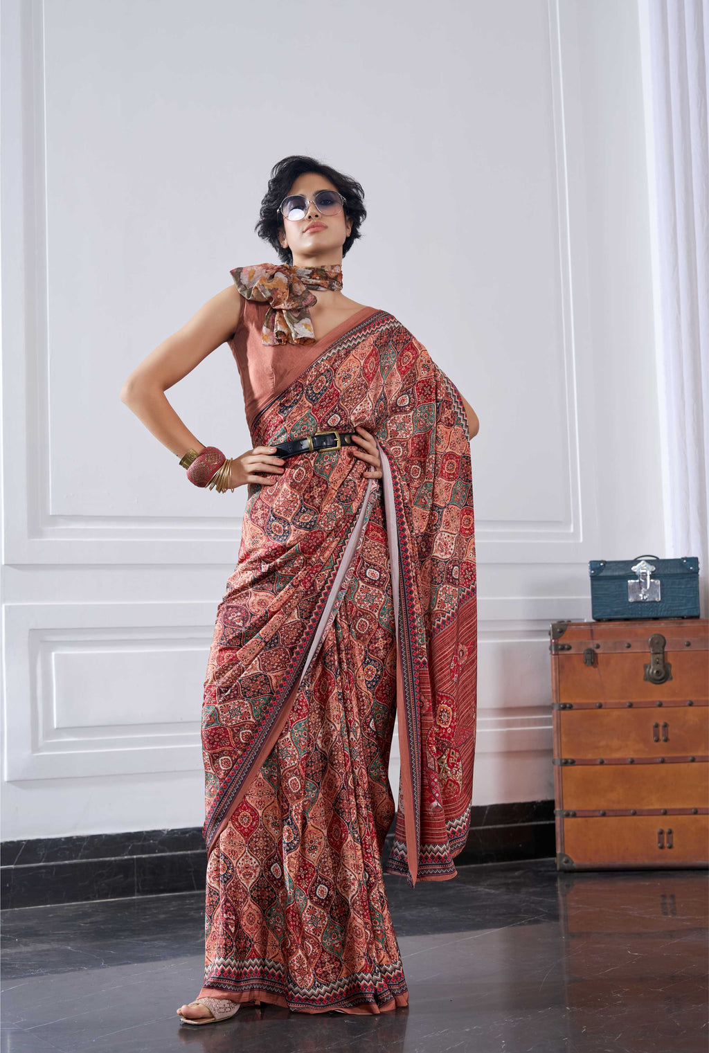 Crepe Ethnic Motif Rust Brown Saree