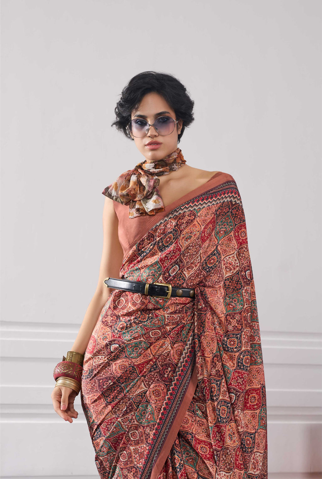 Crepe Ethnic Motif Rust Brown Saree