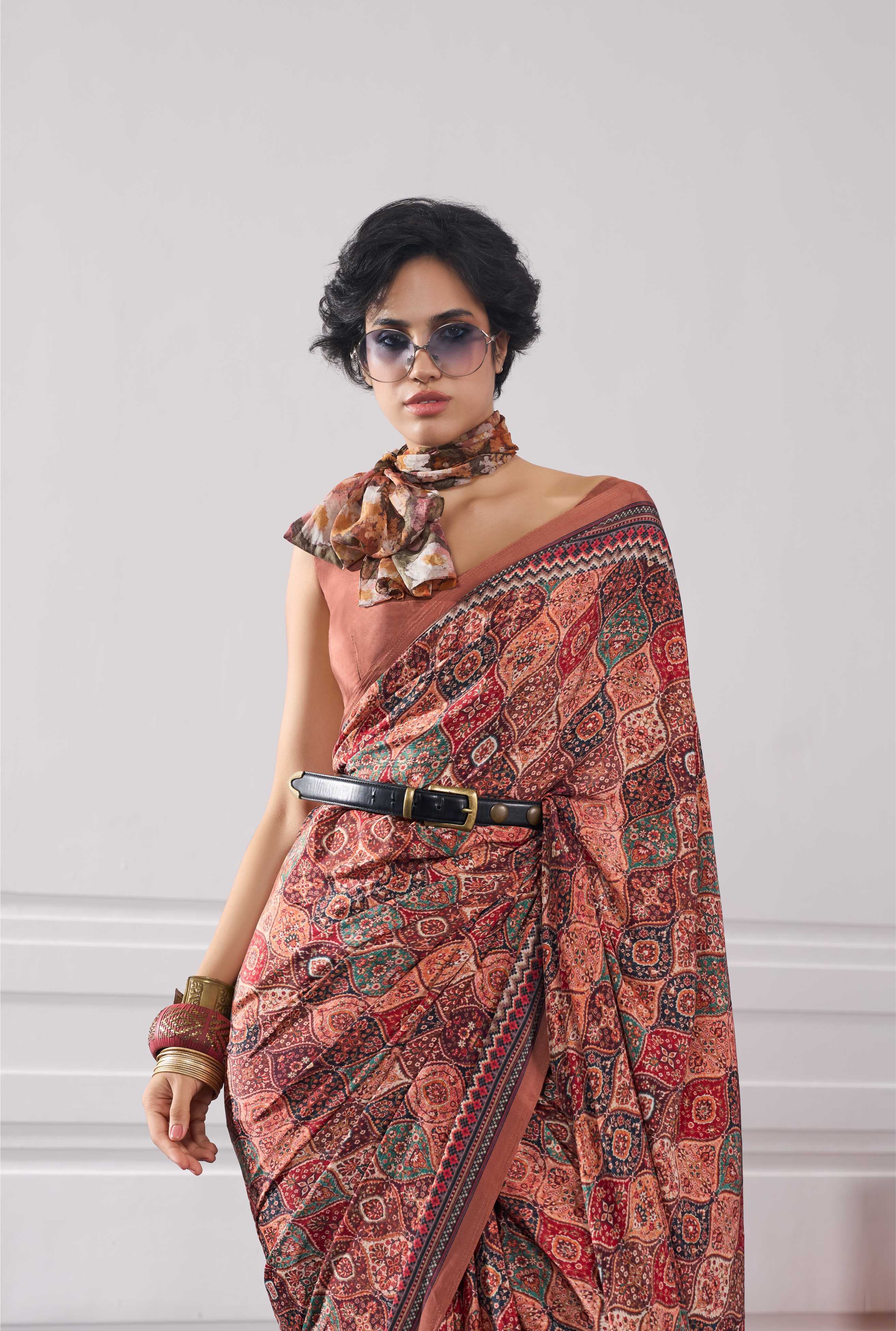 Crepe Ethnic Motif Rust Brown Saree