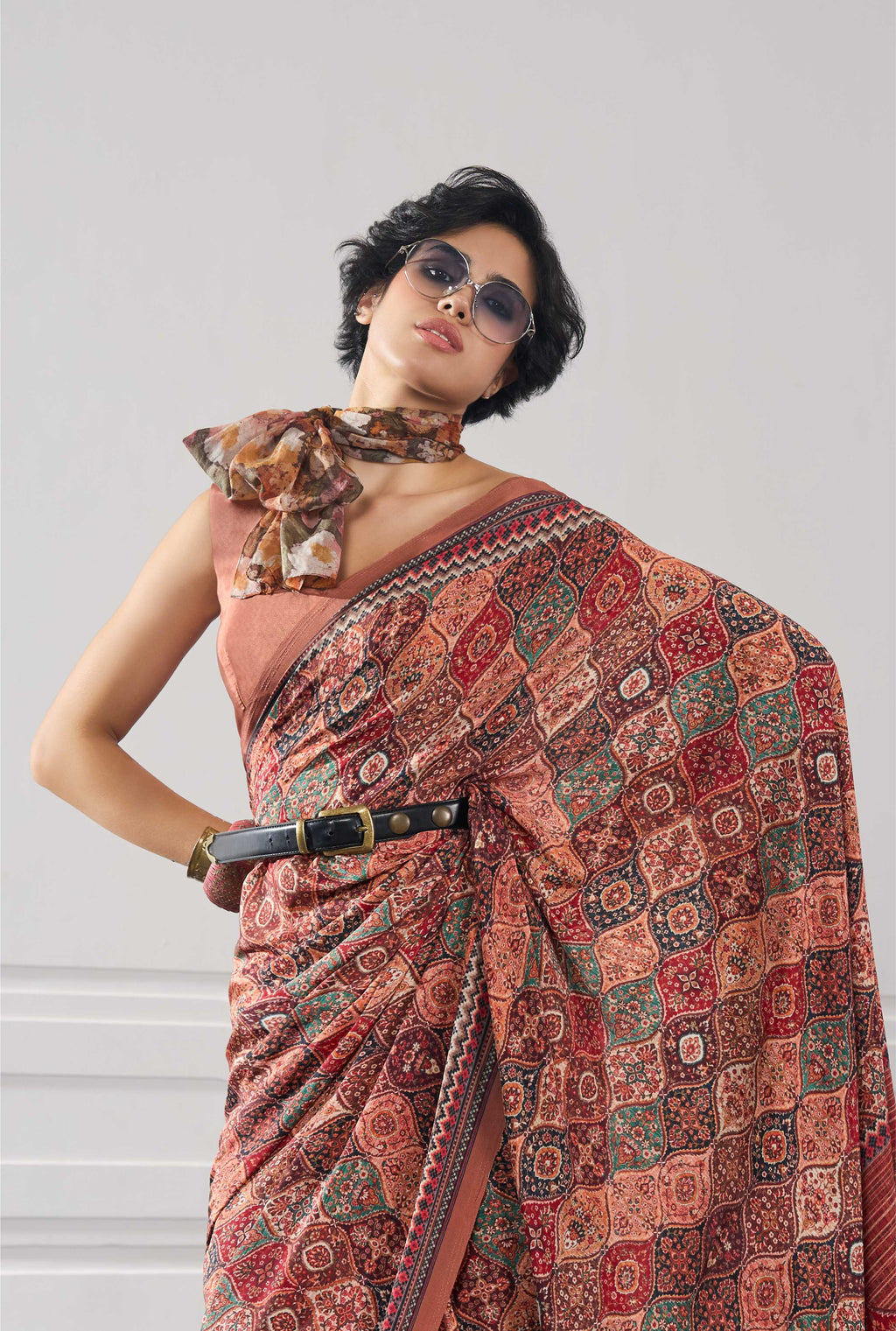 Crepe Ethnic Motif Rust Brown Saree