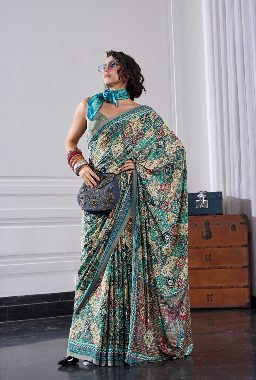 Crepe Ethnic Motif Teal Green Saree
