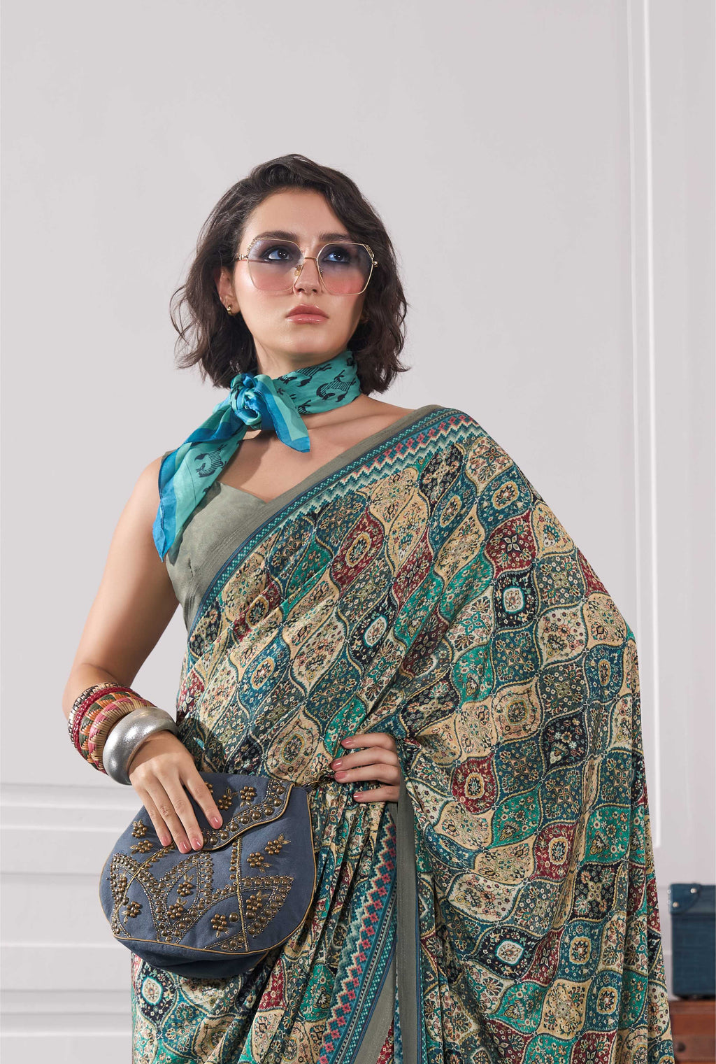 Crepe Ethnic Motif Teal Green Saree