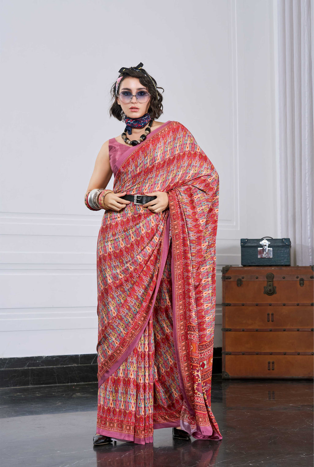 Crepe Ethnic Motif Terracotta Red Saree