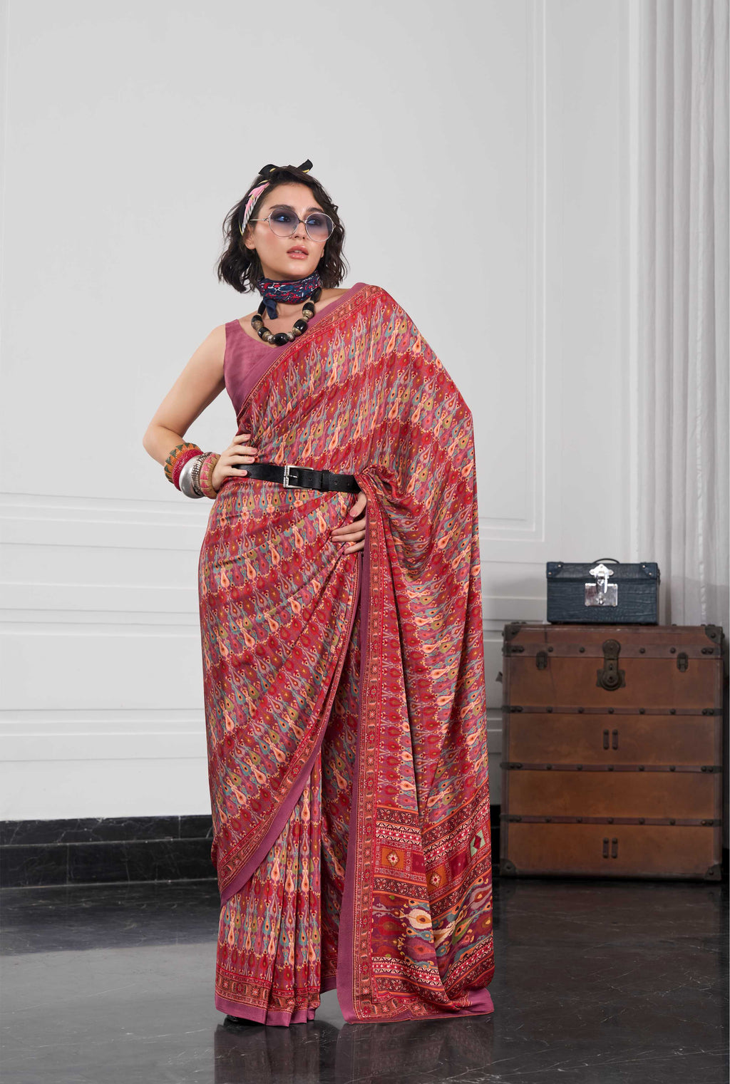 Crepe Ethnic Motif Terracotta Red Saree
