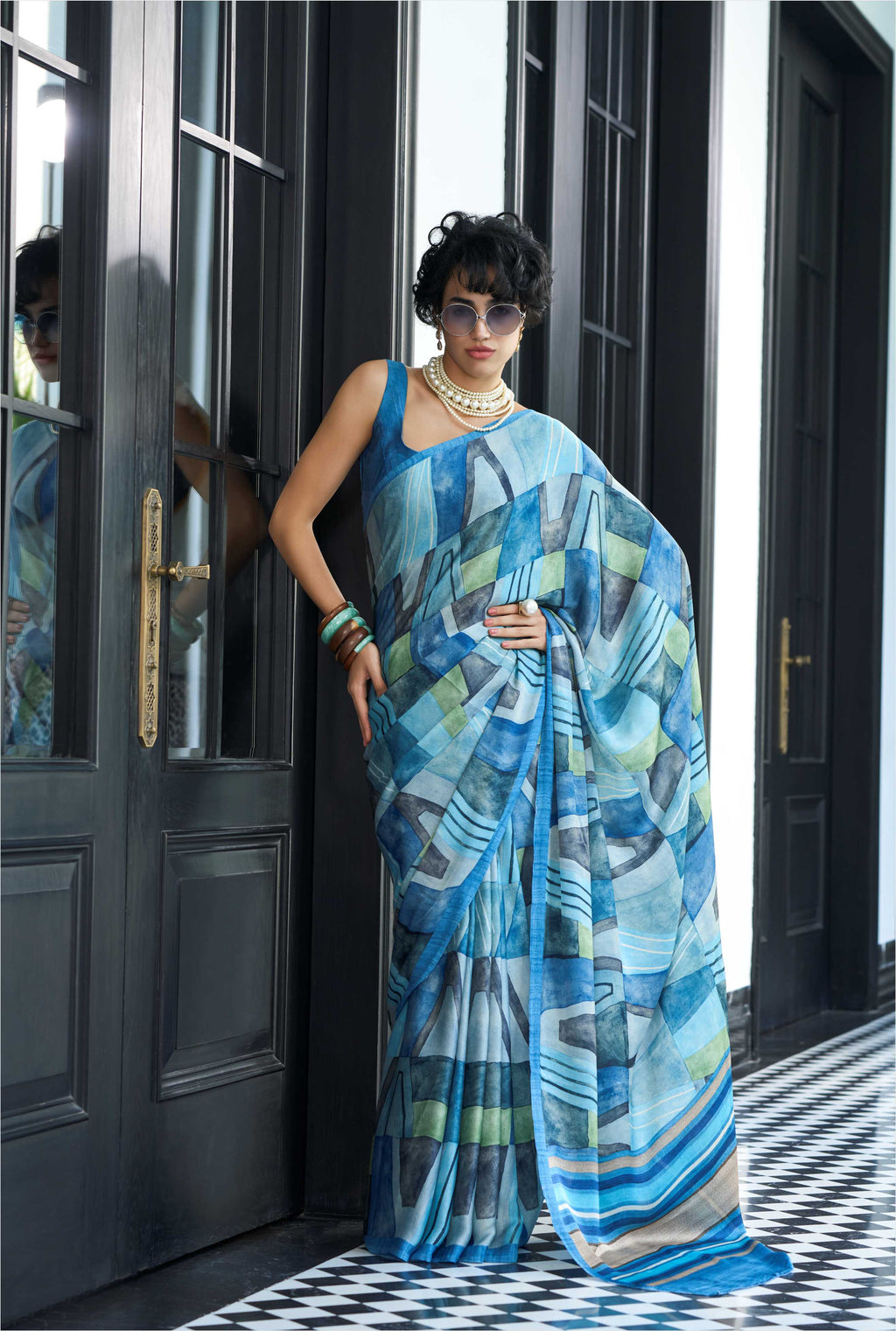 Sheen Abstract Aqua Blue Saree