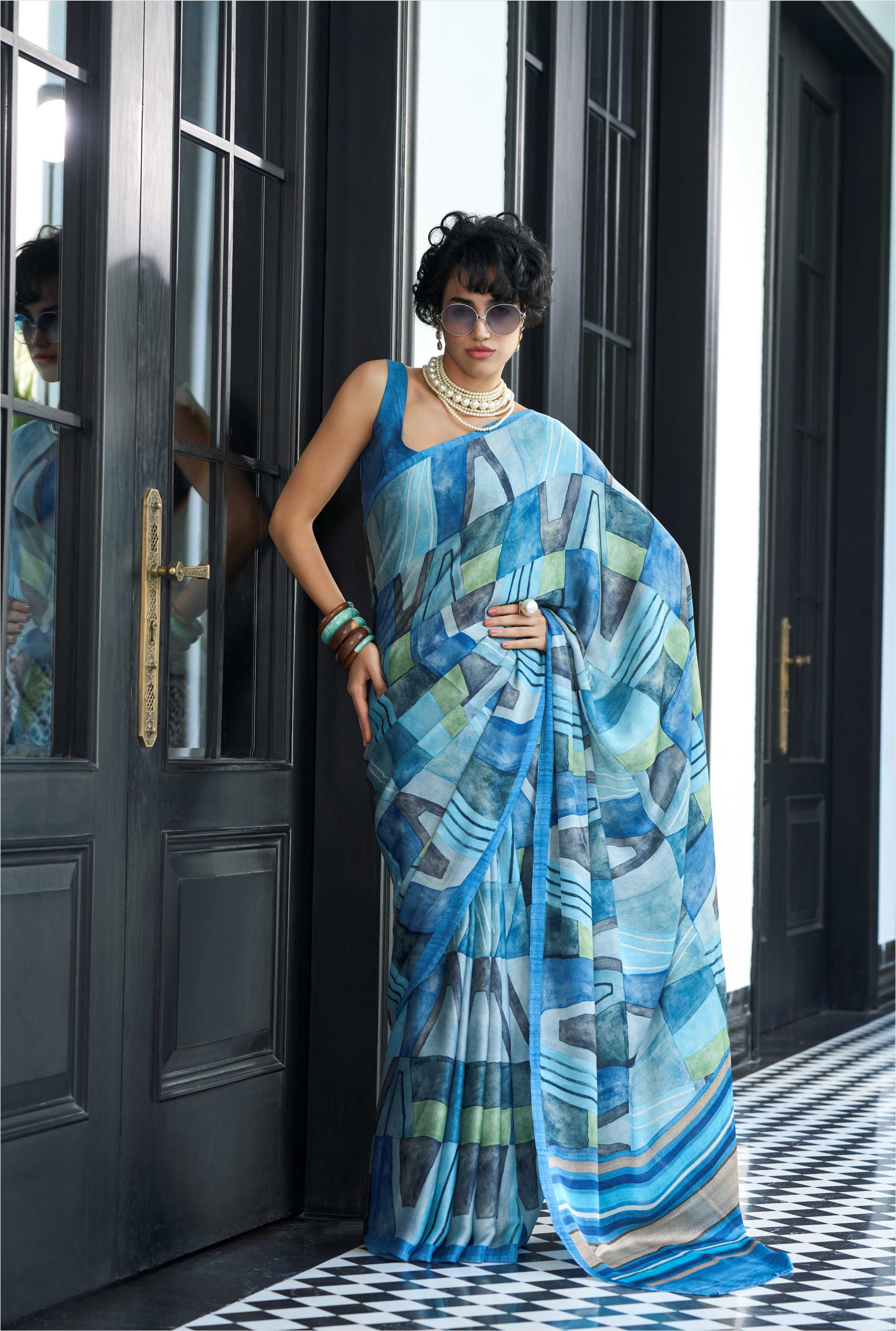 Sheen Abstract Aqua Blue Saree