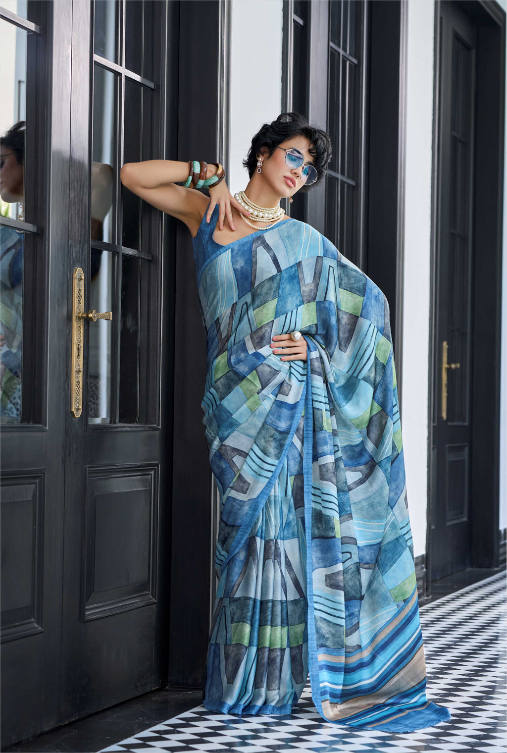 Sheen Abstract Aqua Blue Saree
