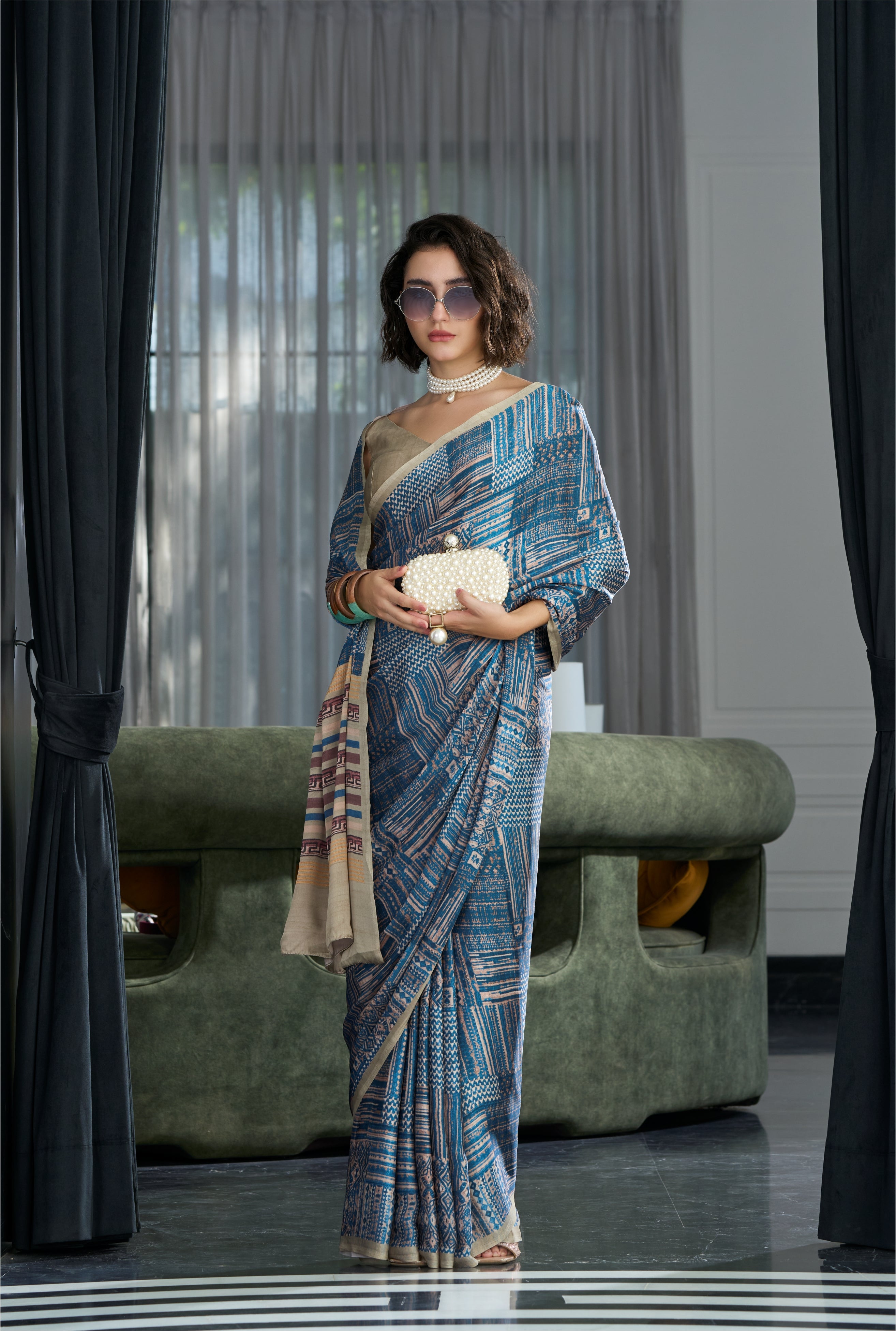 Sheen Abstract Grey Blue Saree
