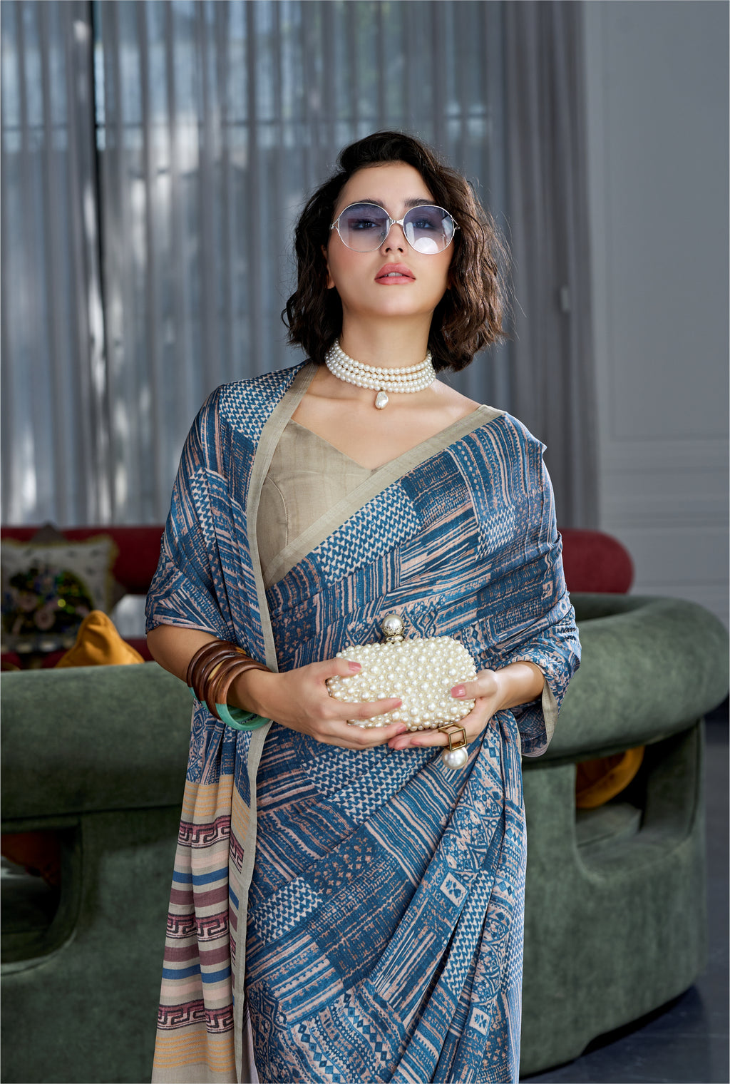 Sheen Abstract Grey Blue Saree