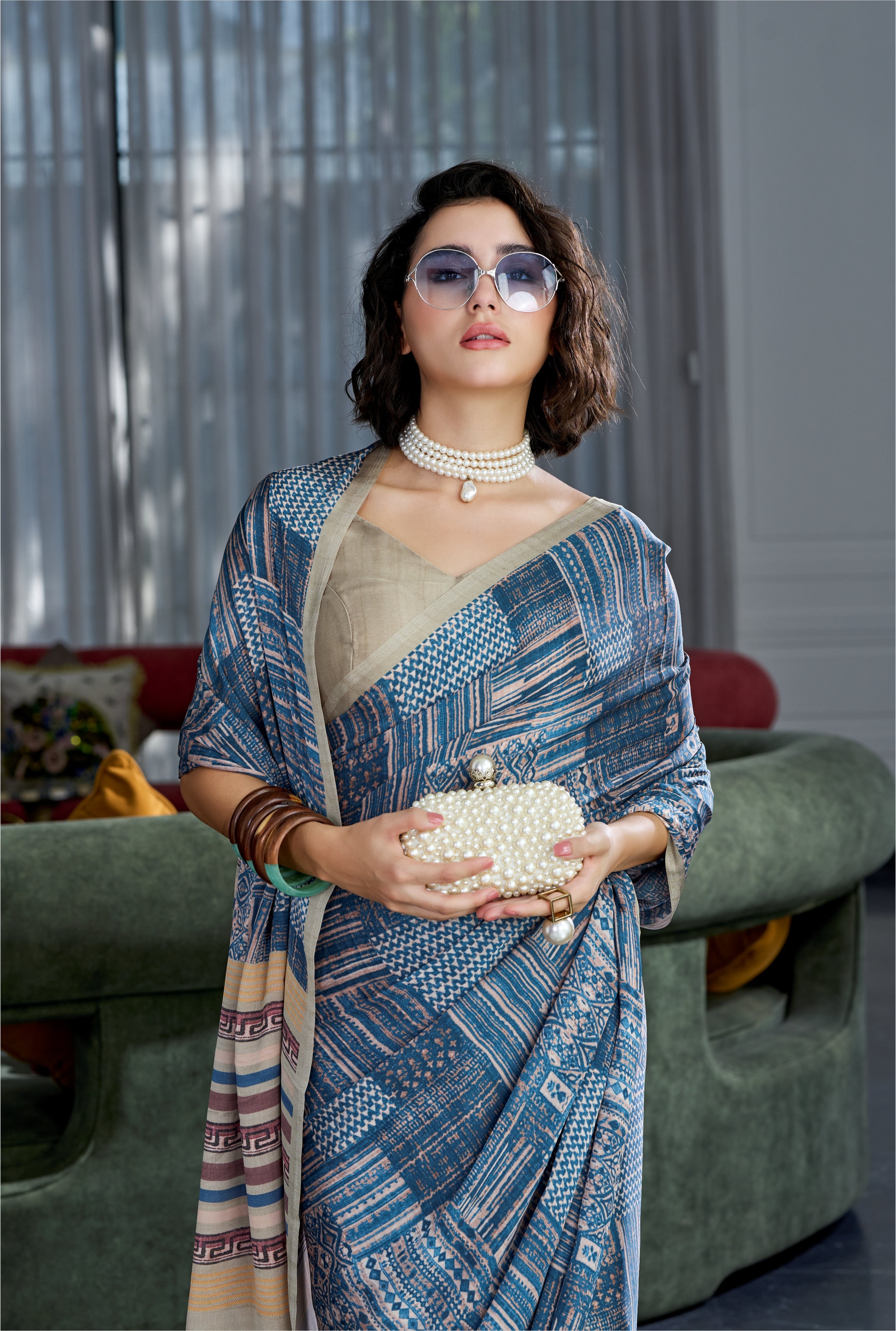 Sheen Abstract Grey Blue Saree