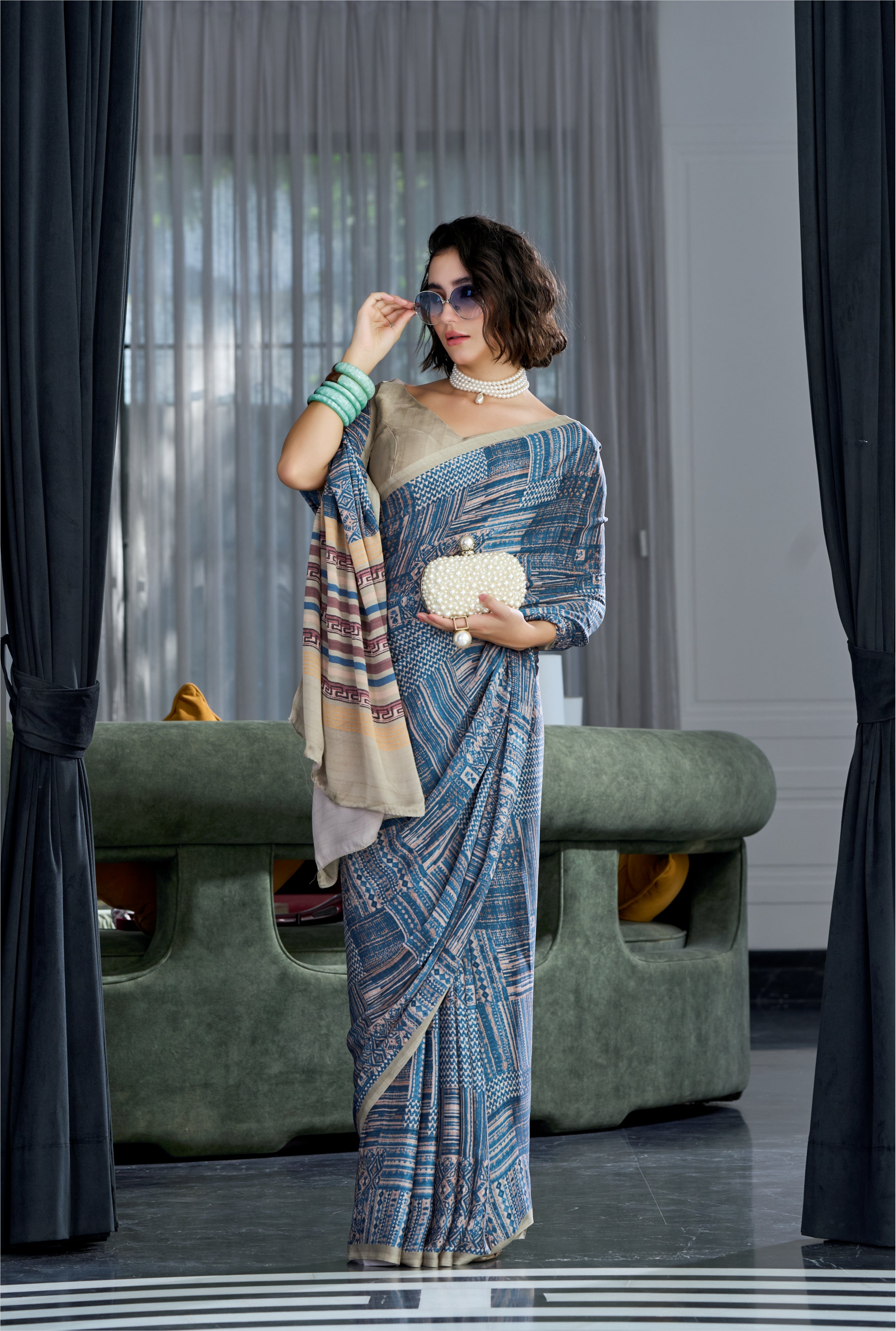 Sheen Abstract Grey Blue Saree