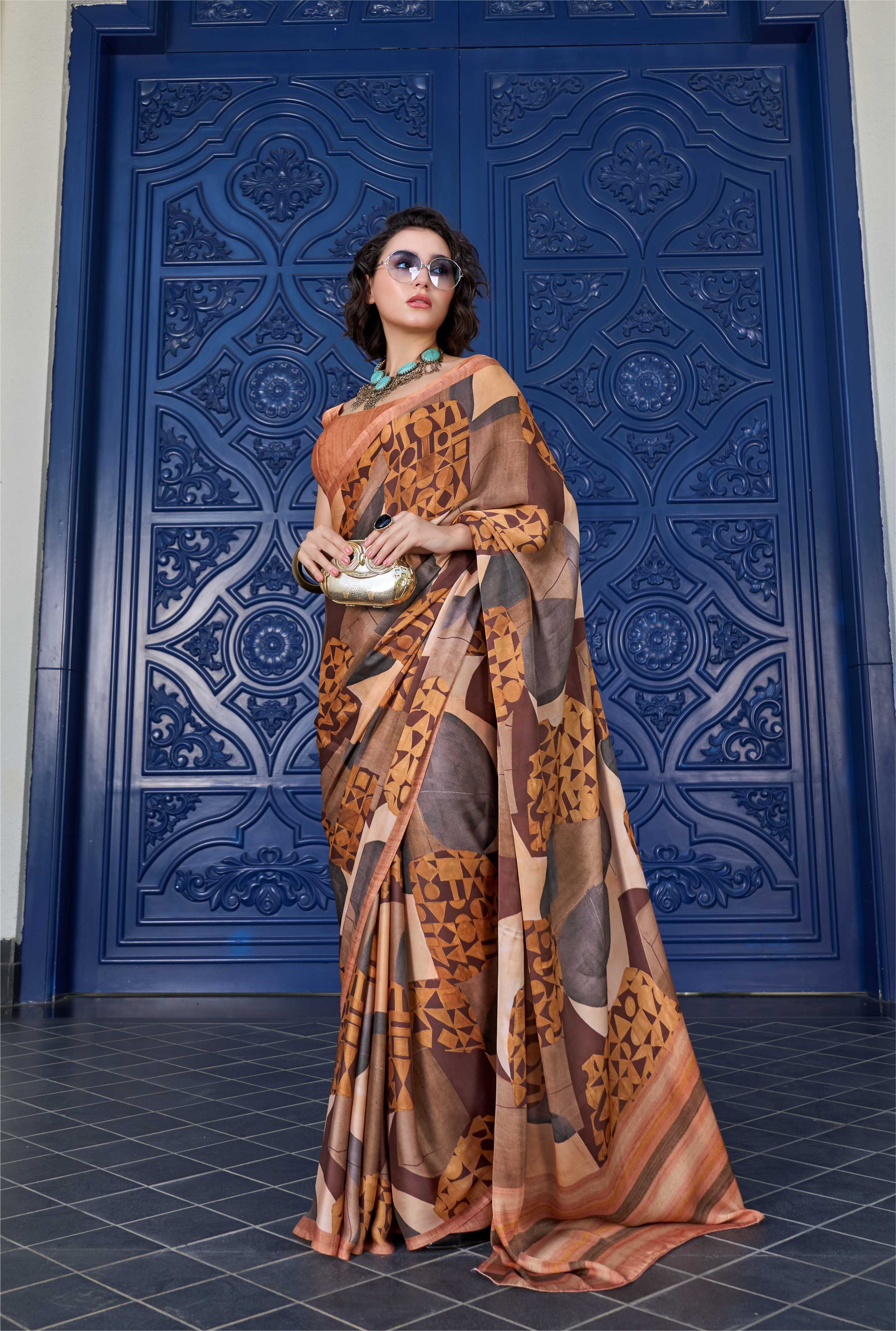 Sheen Abstract Mustard Brown Saree