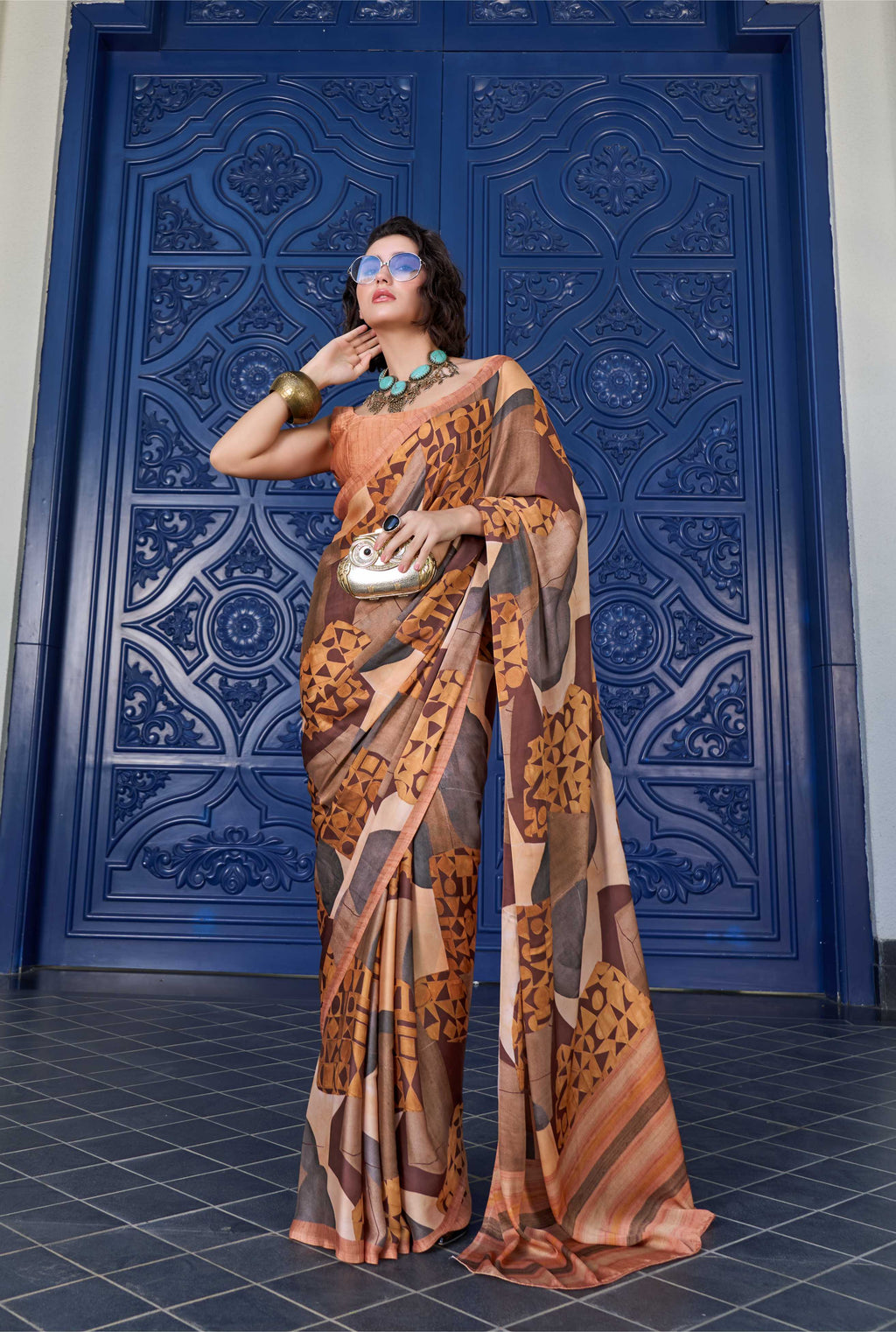 Sheen Abstract Mustard Brown Saree