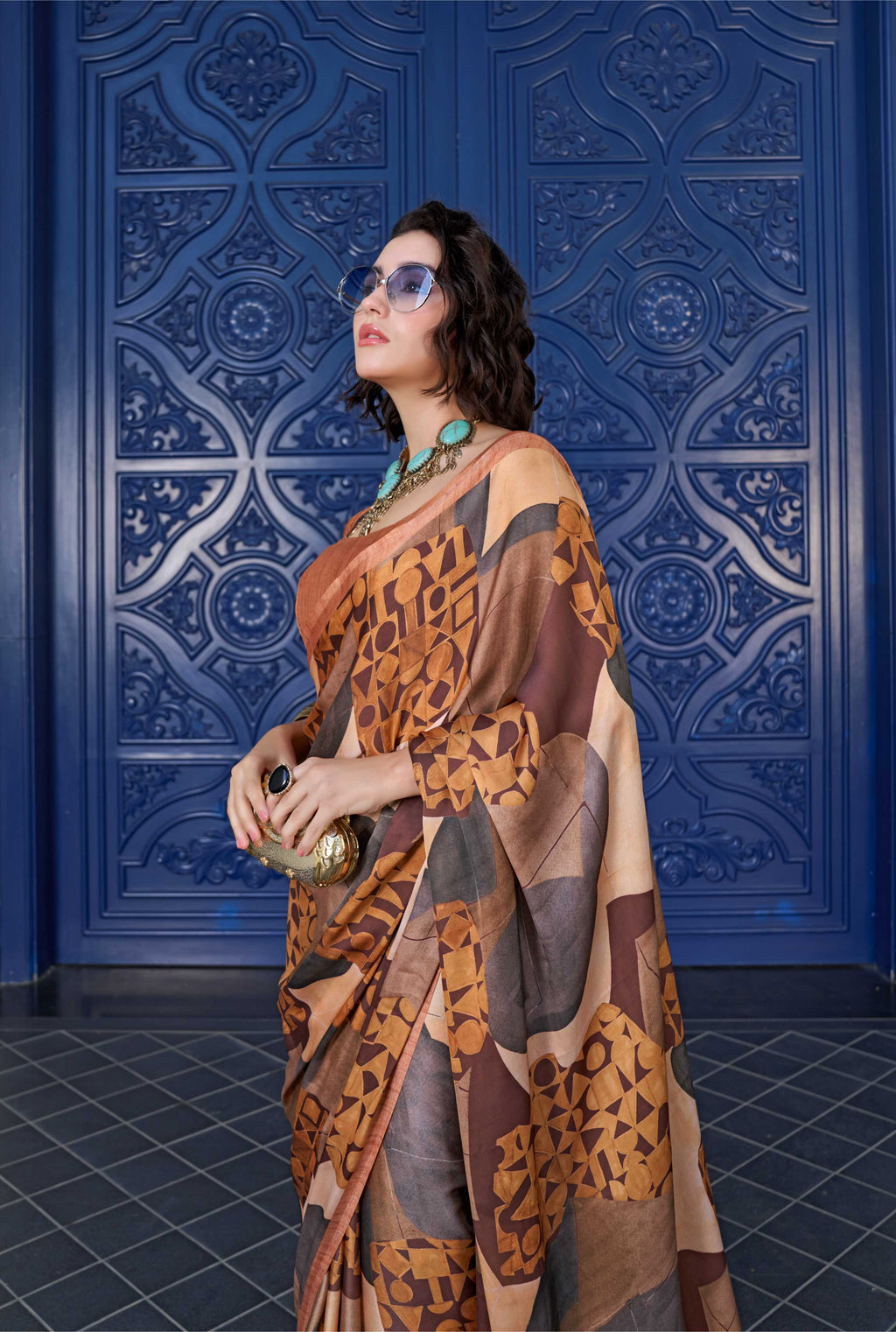 Sheen Abstract Mustard Brown Saree