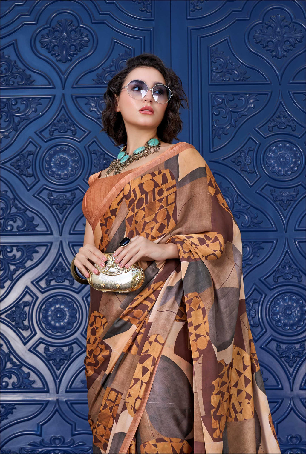 Sheen Abstract Mustard Brown Saree