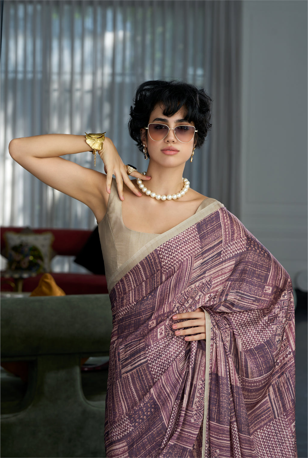 Sheen Abstract Muted Mauve Saree