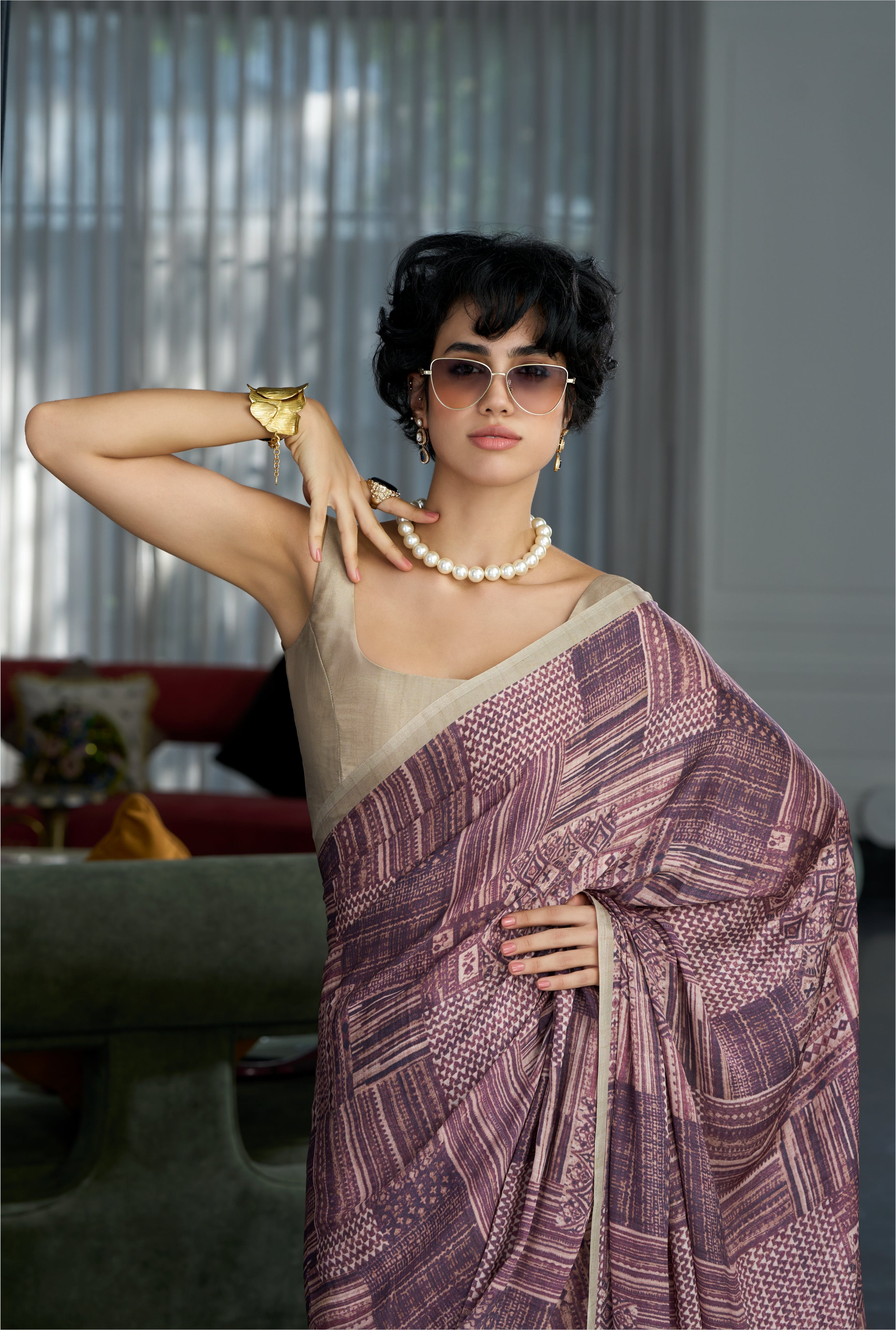 Sheen Abstract Muted Mauve Saree