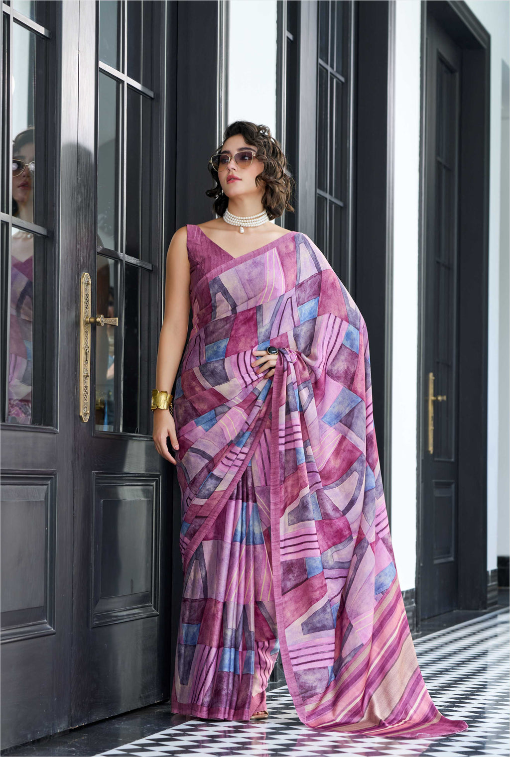 Sheen Abstract Rose Pink Saree