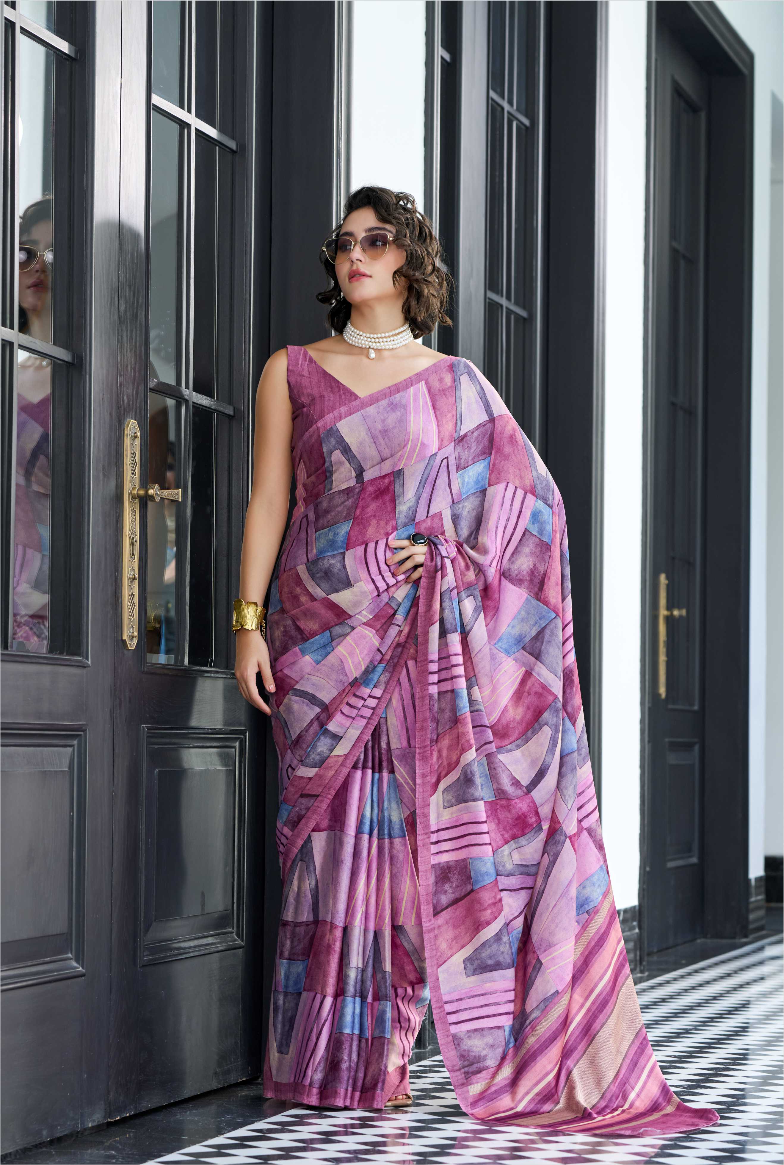 Sheen Abstract Rose Pink Saree