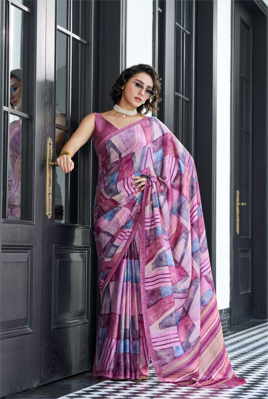 Sheen Abstract Rose Pink Saree