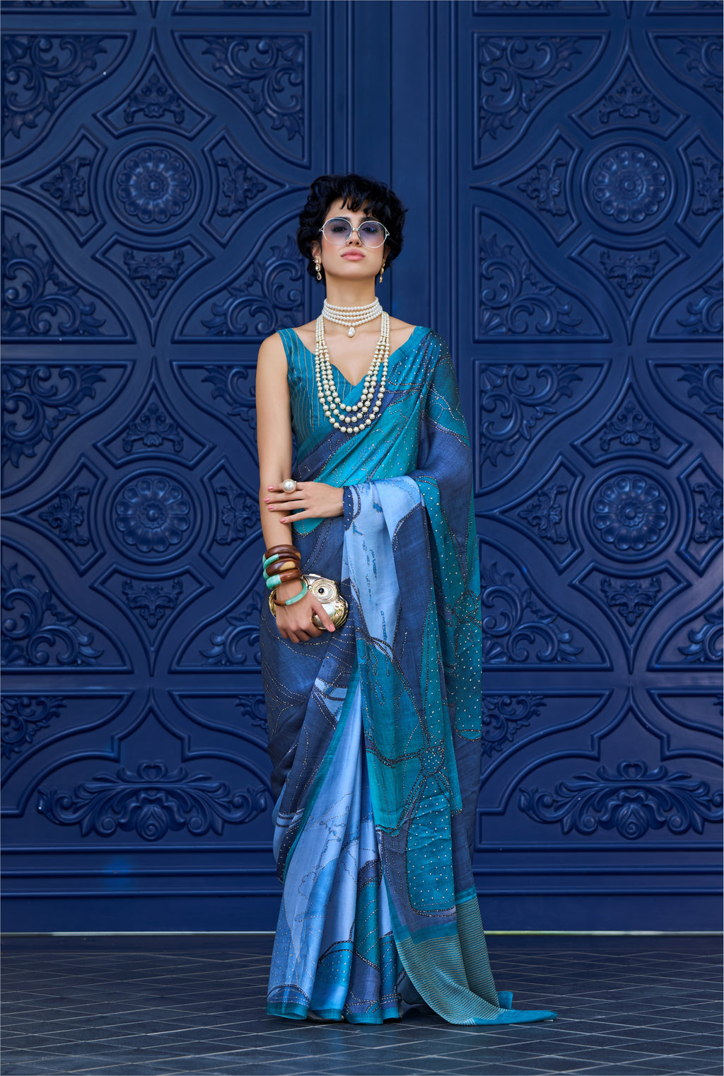 Sheen Abstract Teal Green Saree
