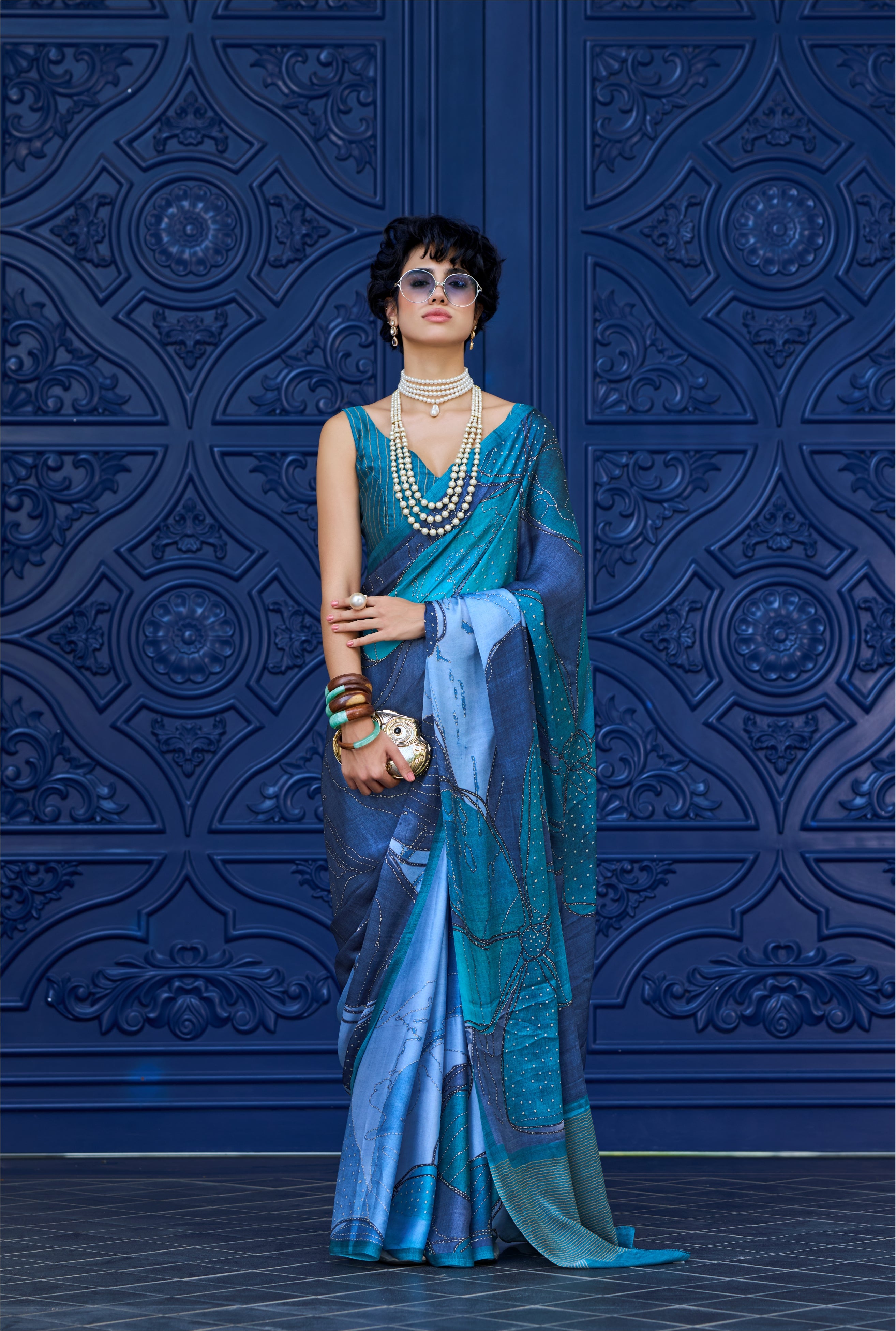 Sheen Abstract Teal Green Saree