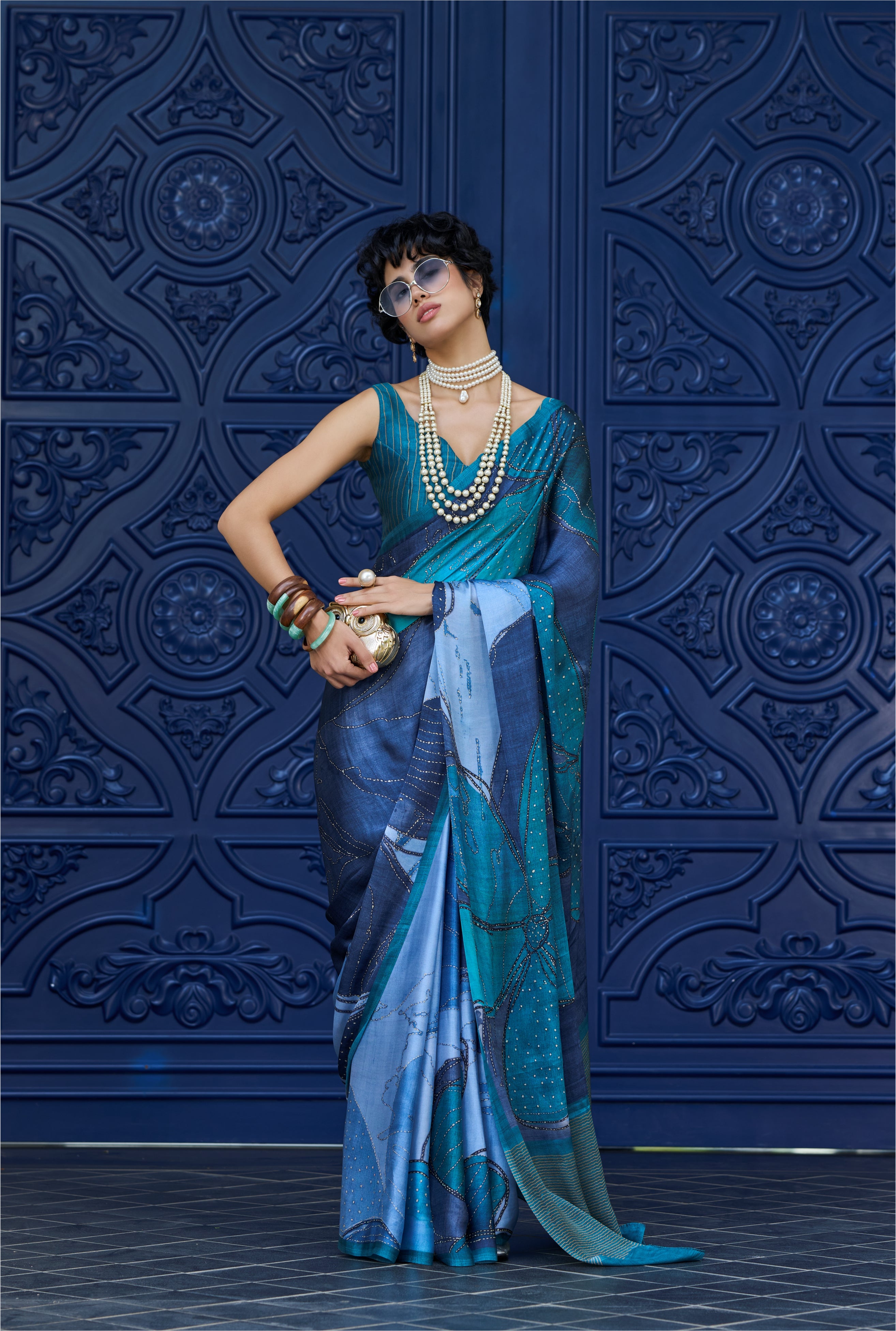 Sheen Abstract Teal Green Saree