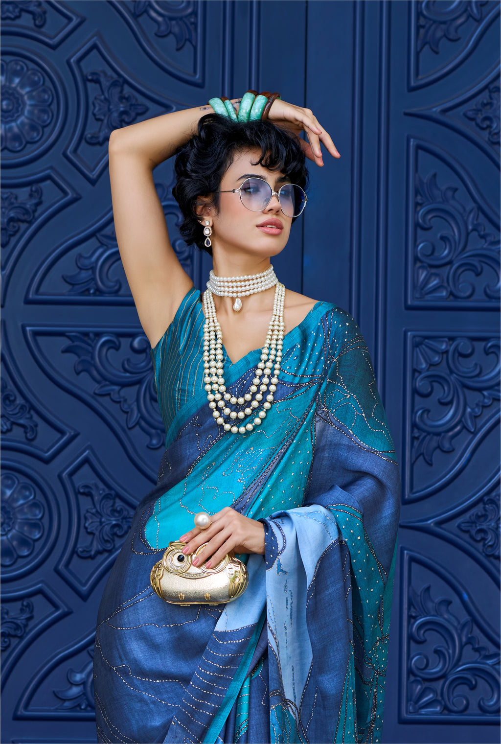 Sheen Abstract Teal Green Saree