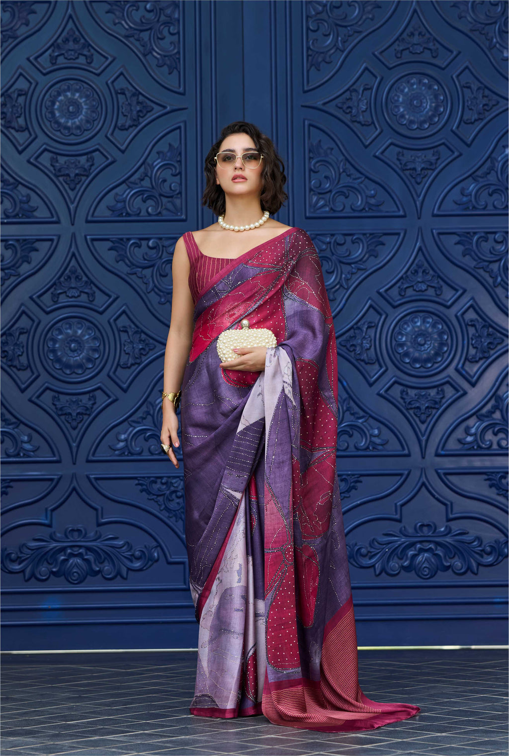 Sheen Abstract Wine Red Saree