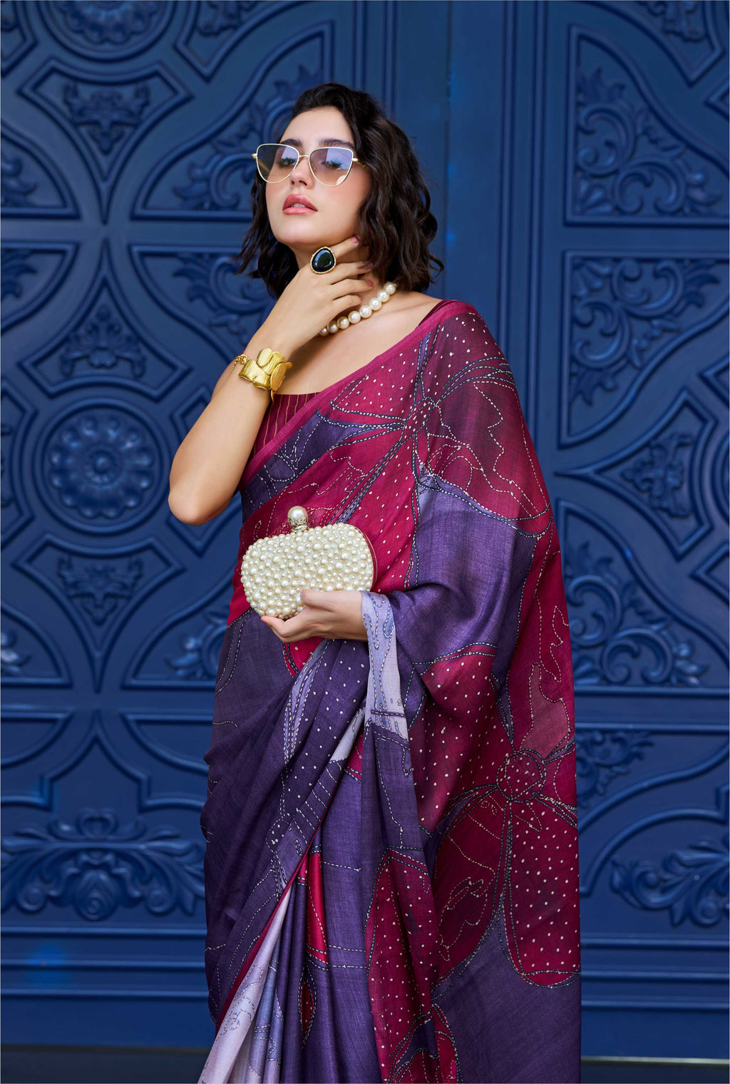 Sheen Abstract Wine Red Saree