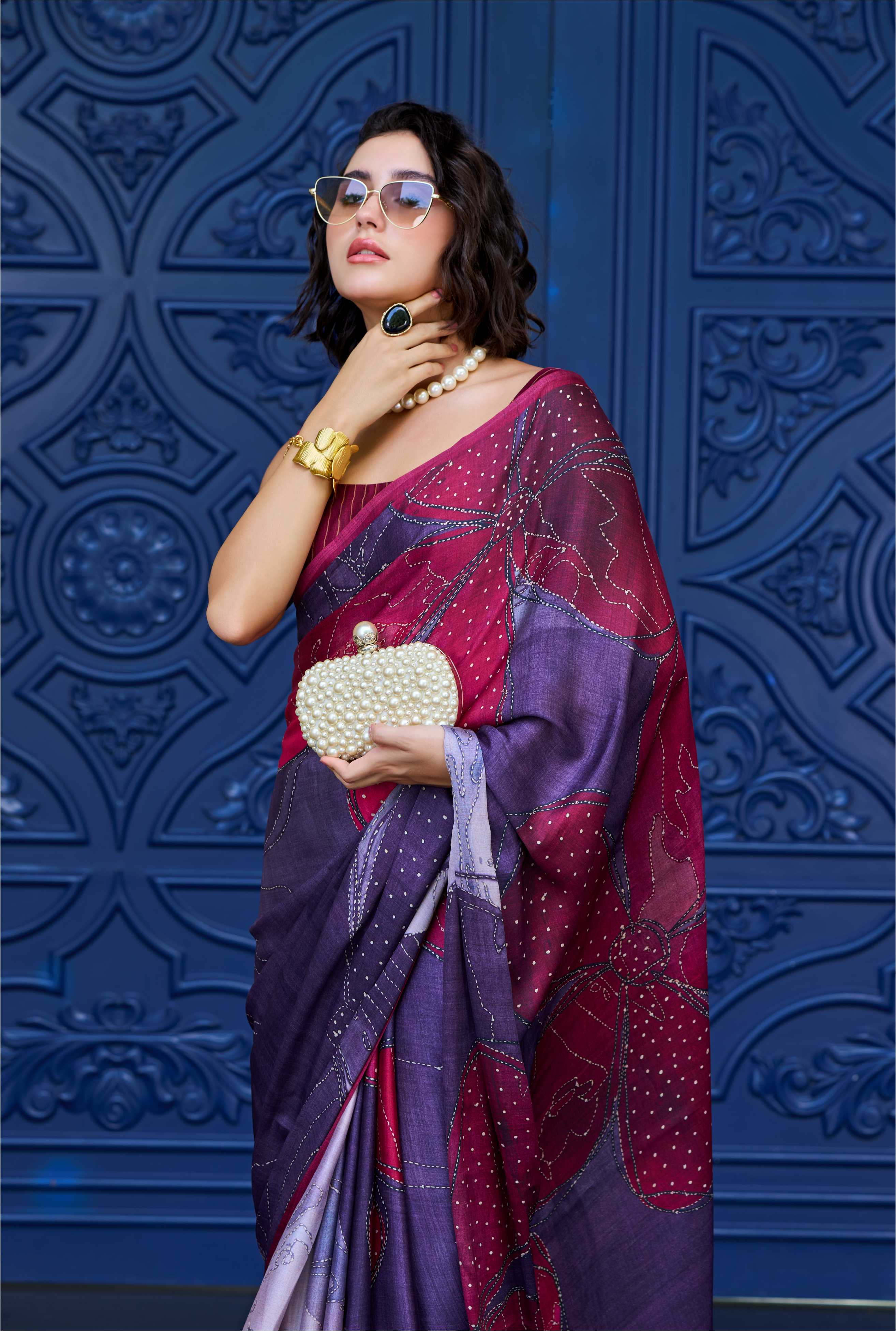 Sheen Abstract Wine Red Saree