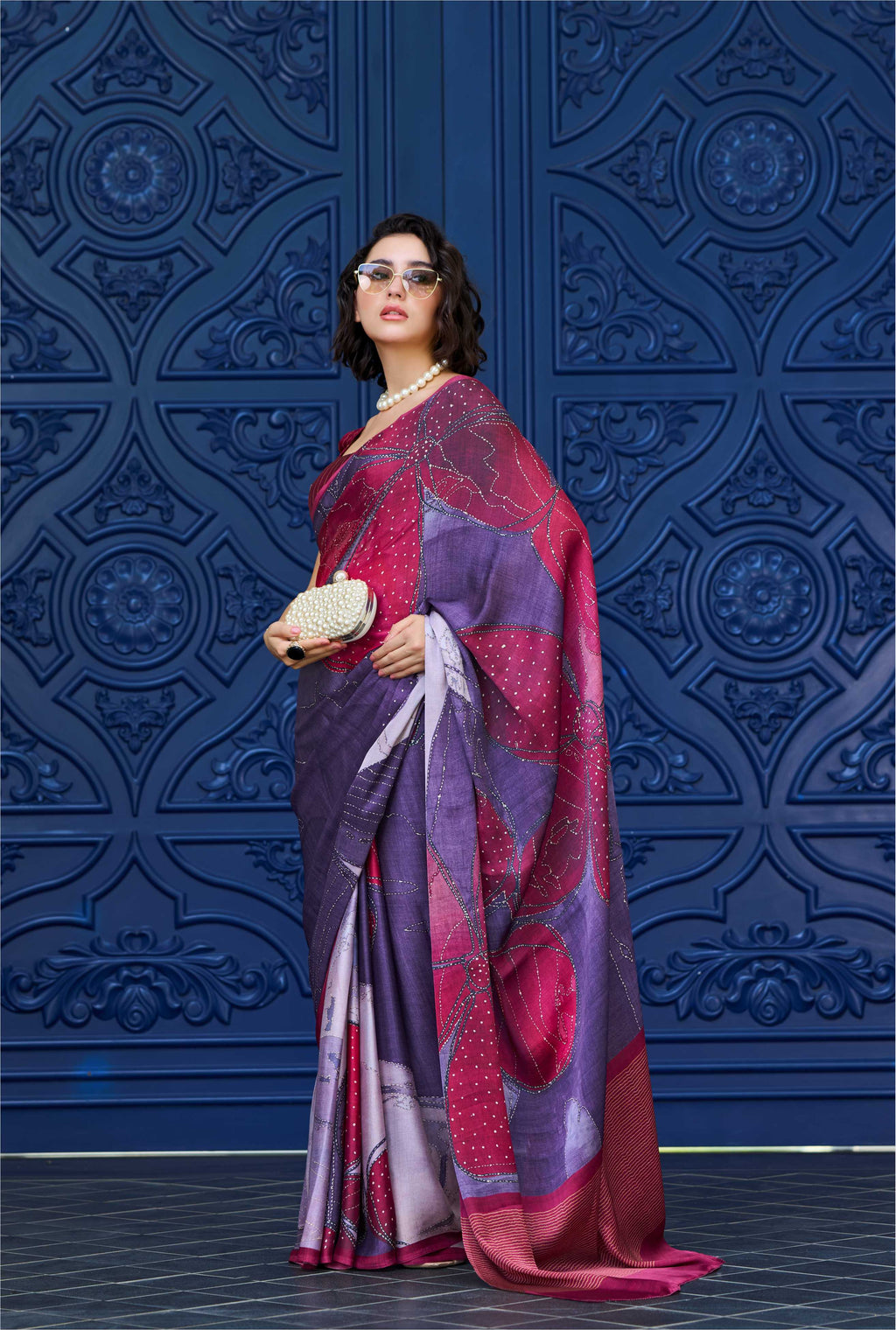 Sheen Abstract Wine Red Saree
