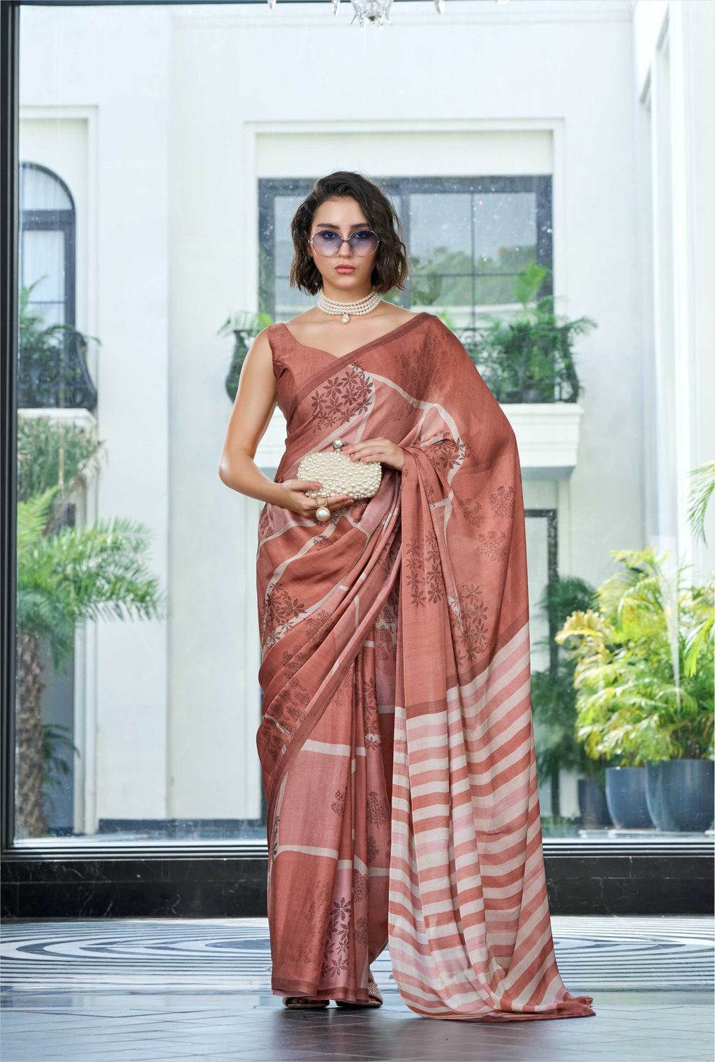 Sheen Artistic Motif Rust Brown Saree