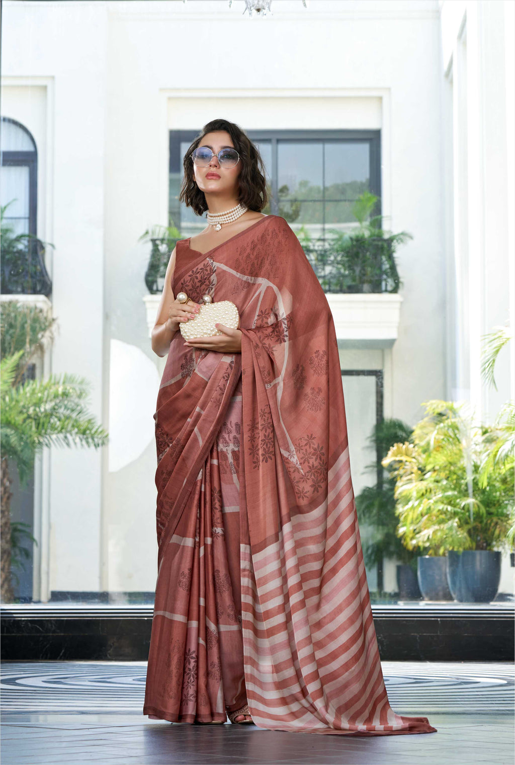 Sheen Artistic Motif Rust Brown Saree