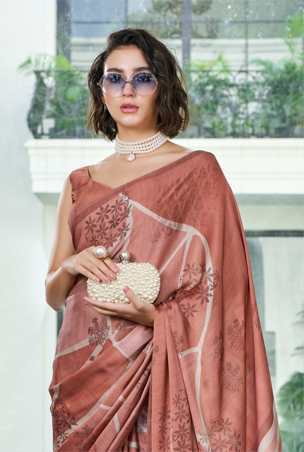 Sheen Artistic Motif Rust Brown Saree