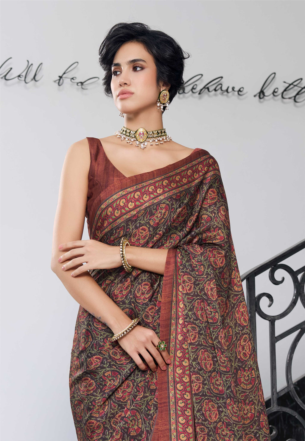 Sheen Botanical Coffee Brown Saree