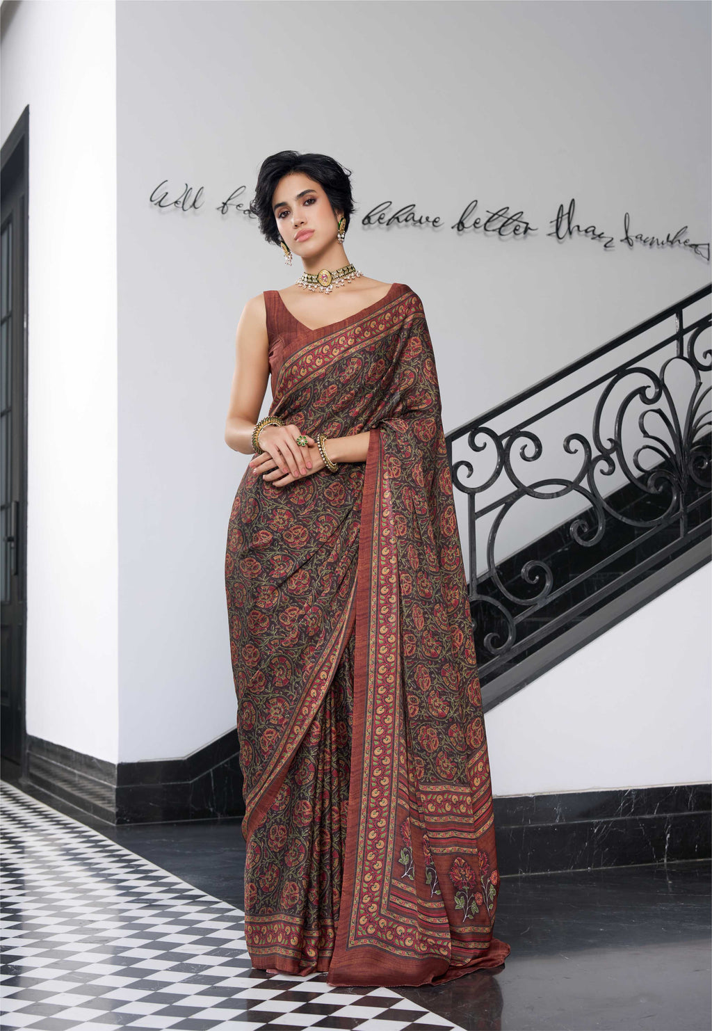 Sheen Botanical Coffee Brown Saree