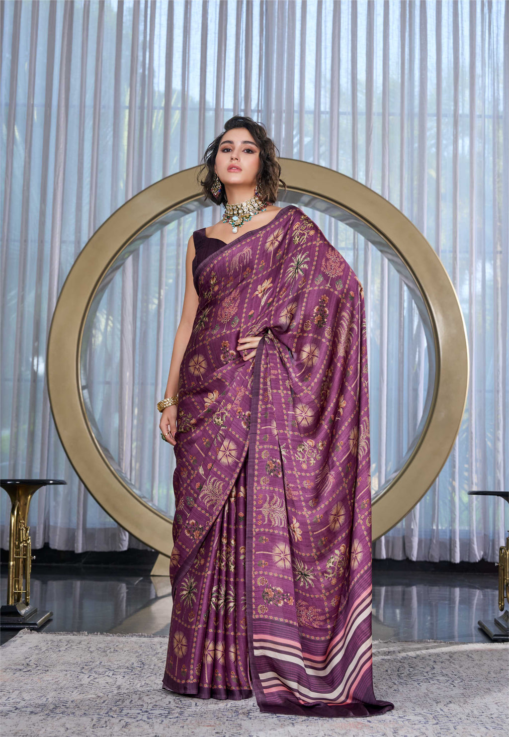Sheen Botanical Plum Purple Saree